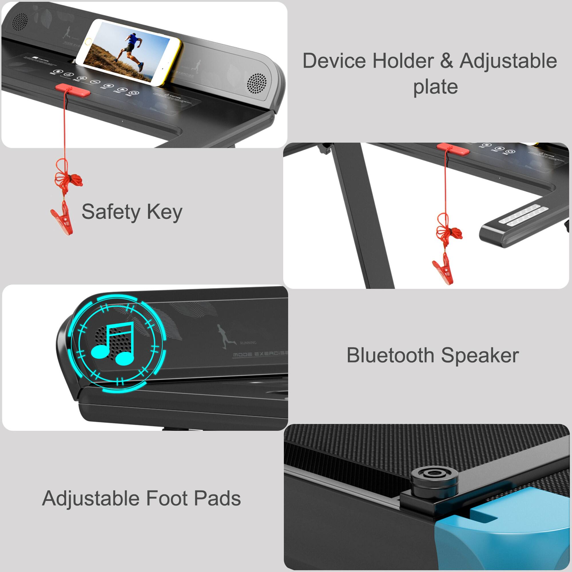 - Device Holder & Adjustable Plate
- Safety Key
- Bluetooth Speaker
- Adjustable Foot Pads