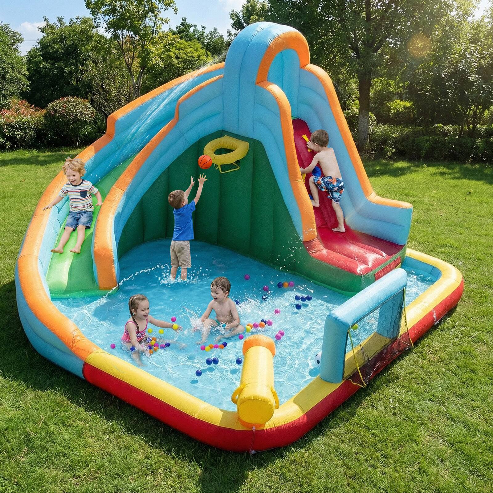 Alt View 1. Gymax - Gymax Inflatable Water Slide Park 6-in-1 Giant Bounce House w/Long Slide Splash Pool - Multicolor.