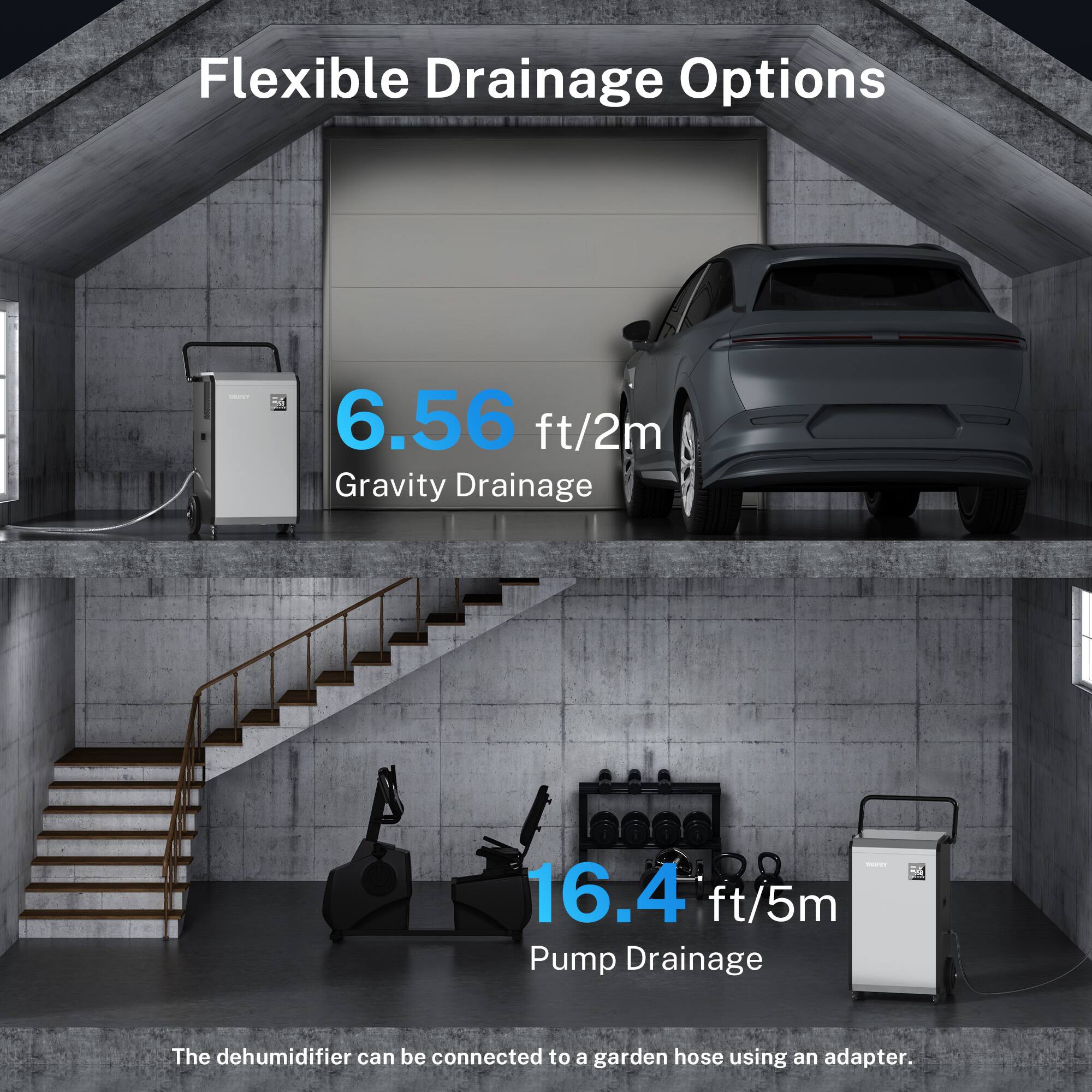 Flexible Drainage Options

- 6.56 ft/2m Gravity Drainage
- 16.4 ft/5m Pump Drainage

The dehumidifier can be connected to a garden hose using an adapter.