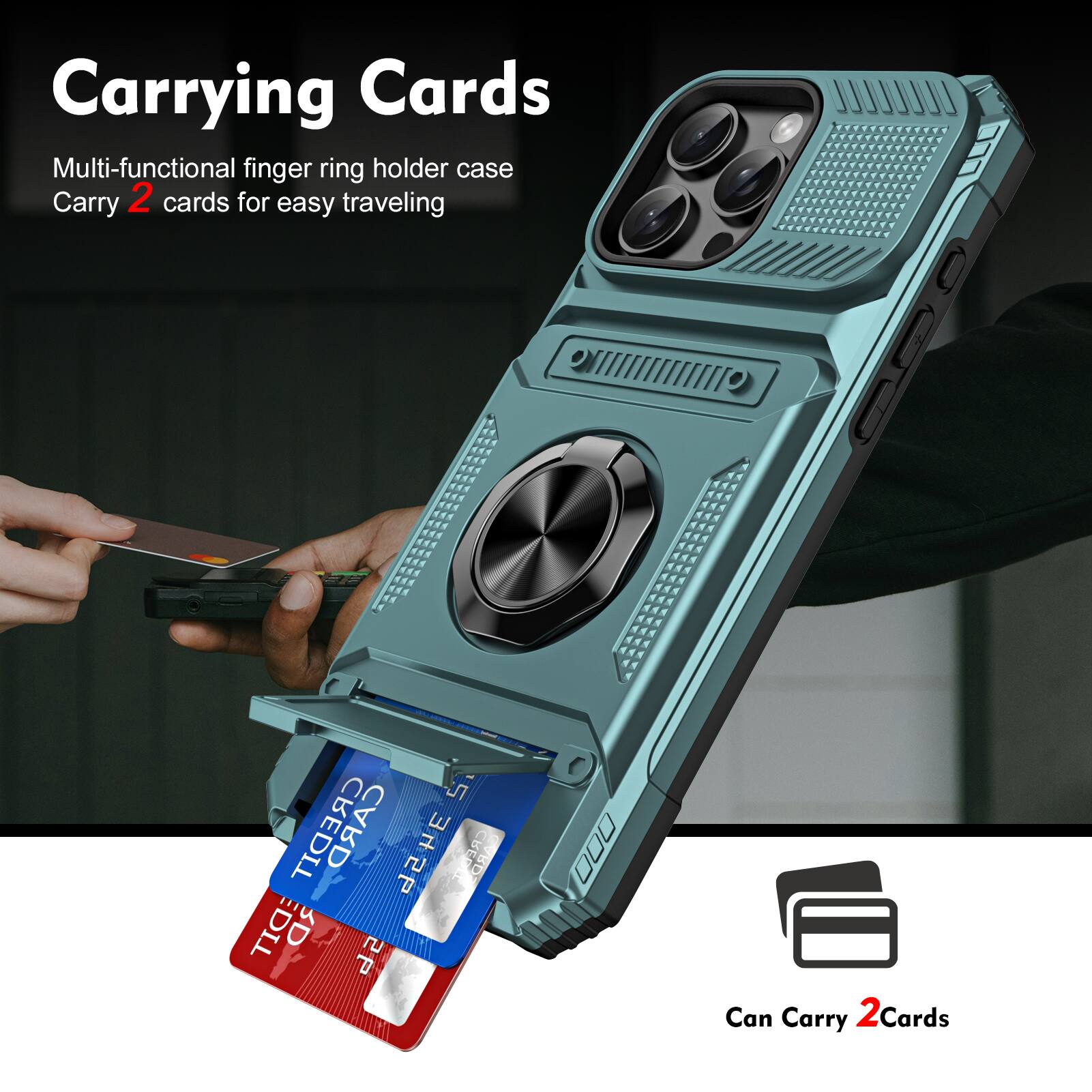Carrying Cards

Multi-functional finger ring holder case
Carry 2 cards for easy traveling

Can Carry 2 Cards