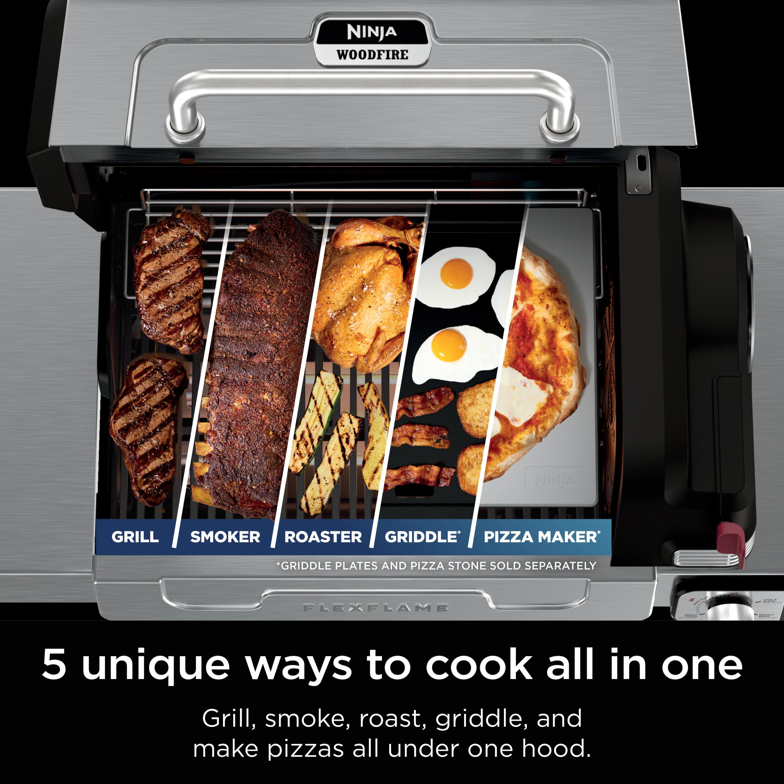 The text on the image is grouped and corrected as follows:

"NINJA WOODFIRE NinJA GRILL SMOKER ROASTER GRIDDLE PIZZA MAKER GRIDDLE PLATES AND PIZZA STONE SOLD SEPARATELY FLEXFLAME: 5 unique ways to cook all in one Grill, smoke, roast, griddle, and make pizzas all under one hood."