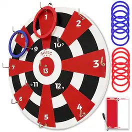 Swooc Games - Hook Darts Ring Toss Game - Wood Board & Soft Rings - 20+ Games Included For Kids & Adults - Dart Board Wall Mount Games - Multicolored
