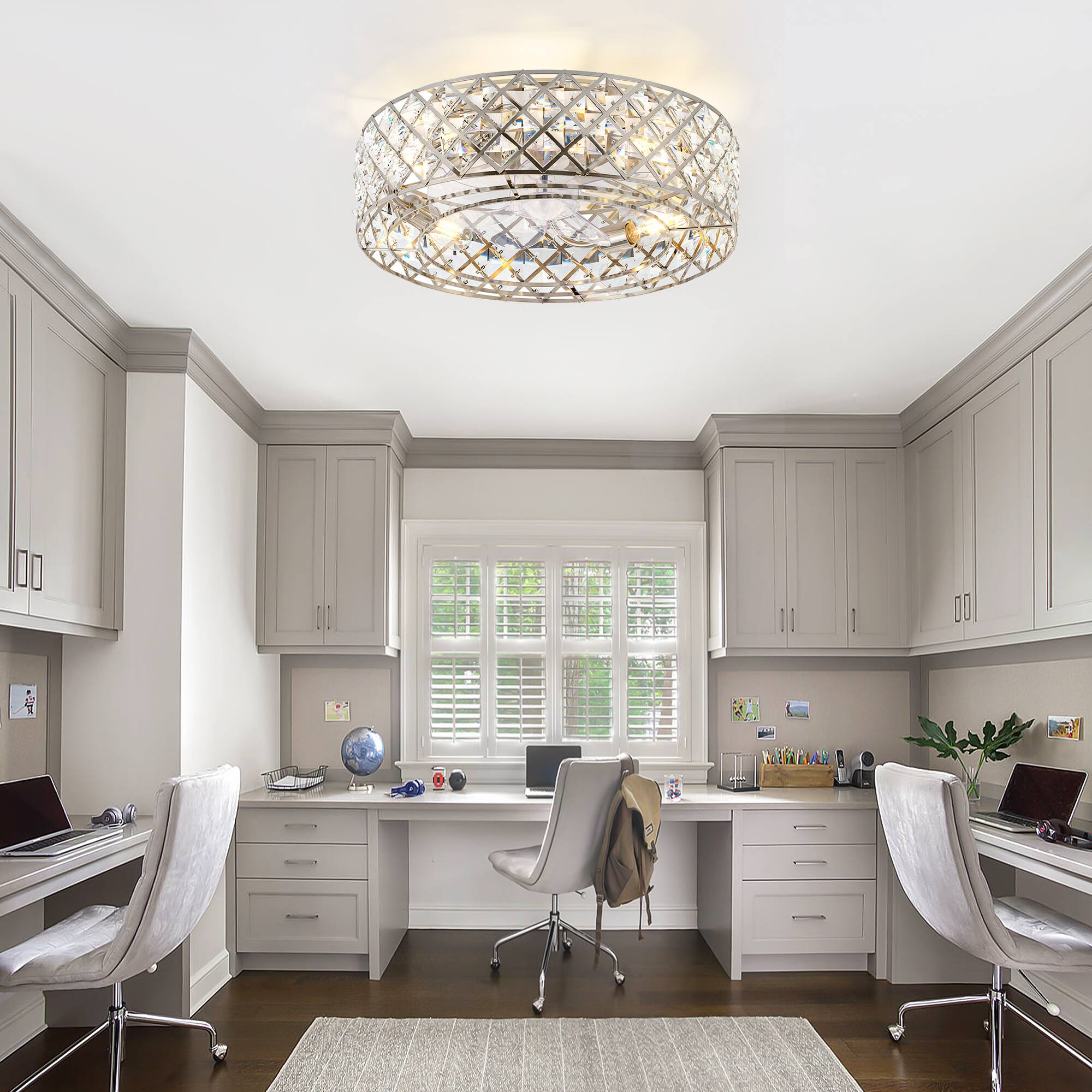 Left. Breezary - 19-Inch Ceiling Fan with Crystal Cage Shade, 7 Transparent ABS Blades, DC Motor, 6-Speed Remote Control, Timer, E26 Base - Satin Nickel.