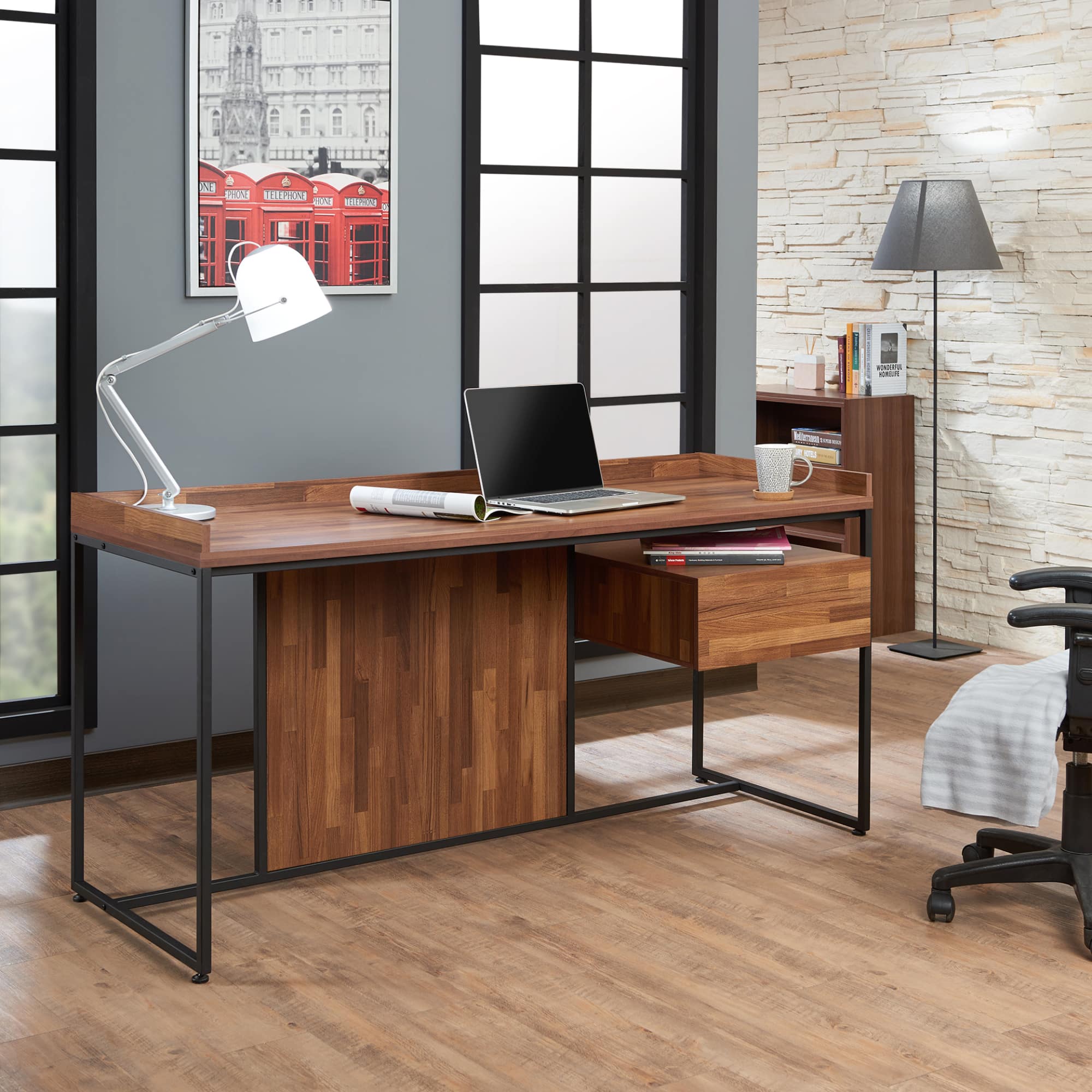GOODSILO - Modern Rectangular Writing Desk with Single Drawer and Sleek Metal Base - Walnut Finish Top - Black+Walnut