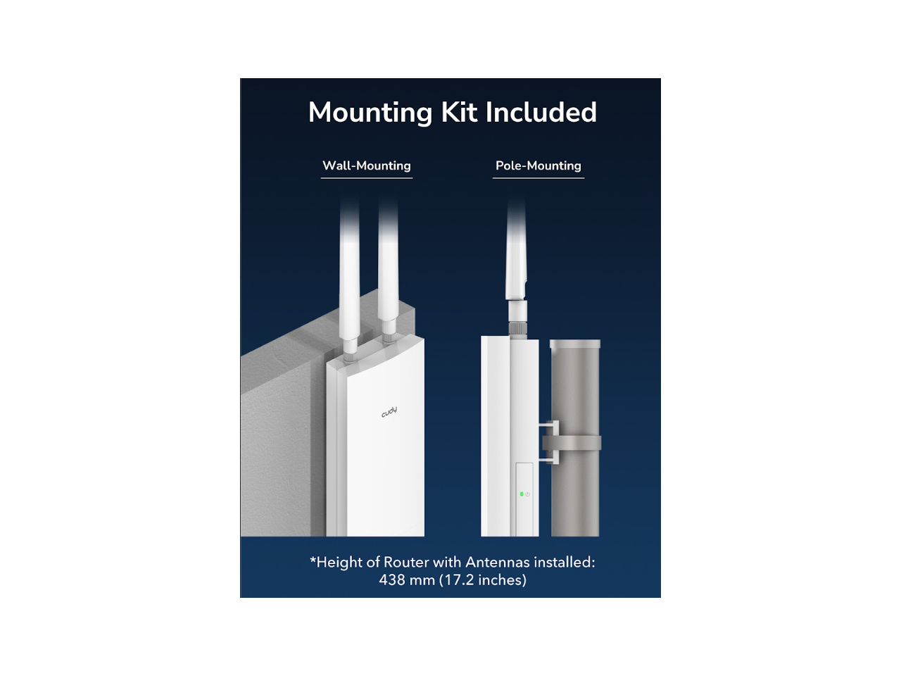 Mounting Kit Included  
Wall-Mounting  
Pole-Mounting  

*Height of Router with Antennas installed: 438 mm (17.2 inches)