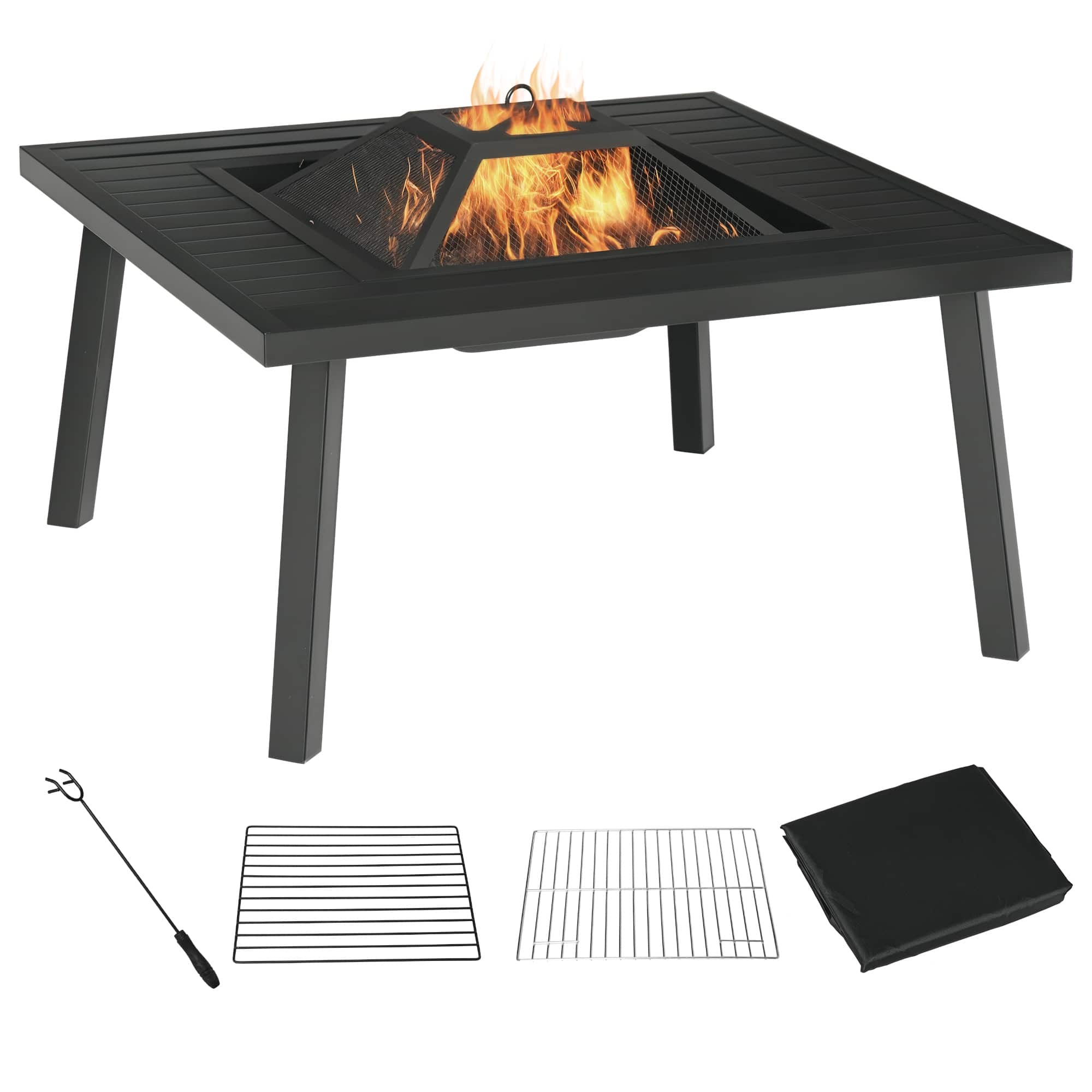 Outsunny - 34" Fire Pit with Grill, Metal Outdoor Wood Burning Firepit with Spark Screen, Fire Poker, Cover, Table Lip - Black