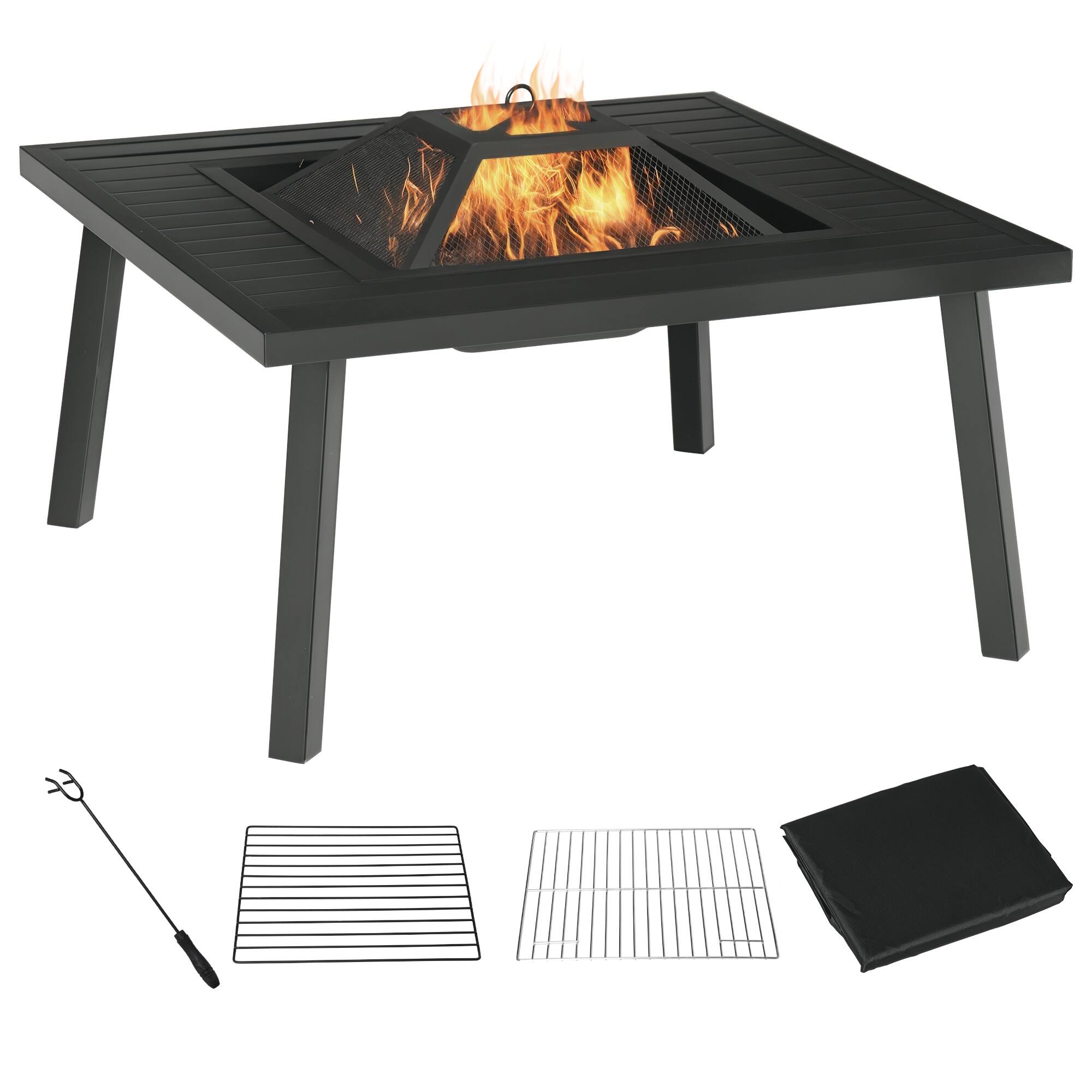 Front. Outsunny - 34" Fire Pit with Grill, Metal Outdoor Wood Burning Firepit with Spark Screen, Fire Poker, Cover, Table Lip - Black.
