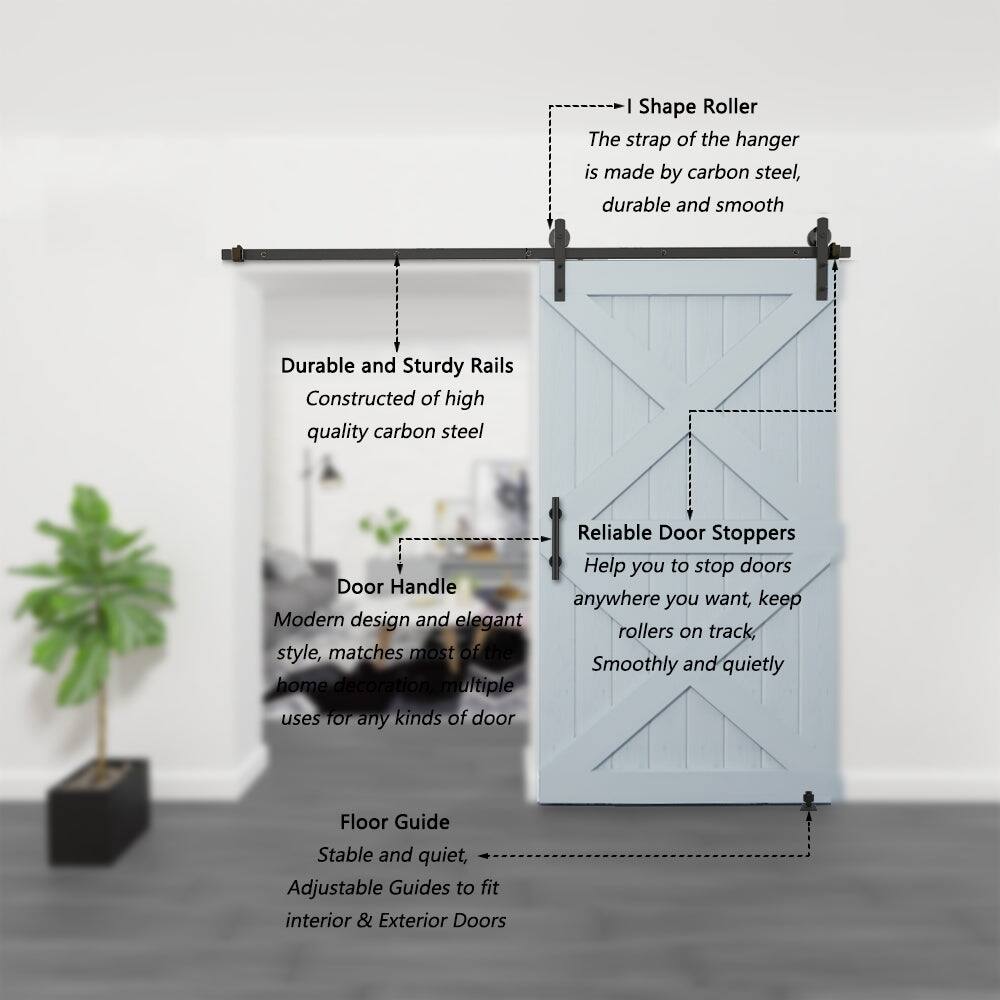 I Shape Roller  
The strap of the hanger is made by carbon steel, durable and smooth  

Durable and Sturdy Rails  
Constructed of high quality carbon steel  

Door Handle  
Modern design and elegant style, matches most of the home decoration, multiple uses for any kinds of door  

Reliable Door Stoppers  
Help you to stop doors anywhere you want, keep rollers on track, Smoothly and quietly  

Floor Guide  
Stable and quiet, Adjustable Guides to fit interior & Exterior Doors