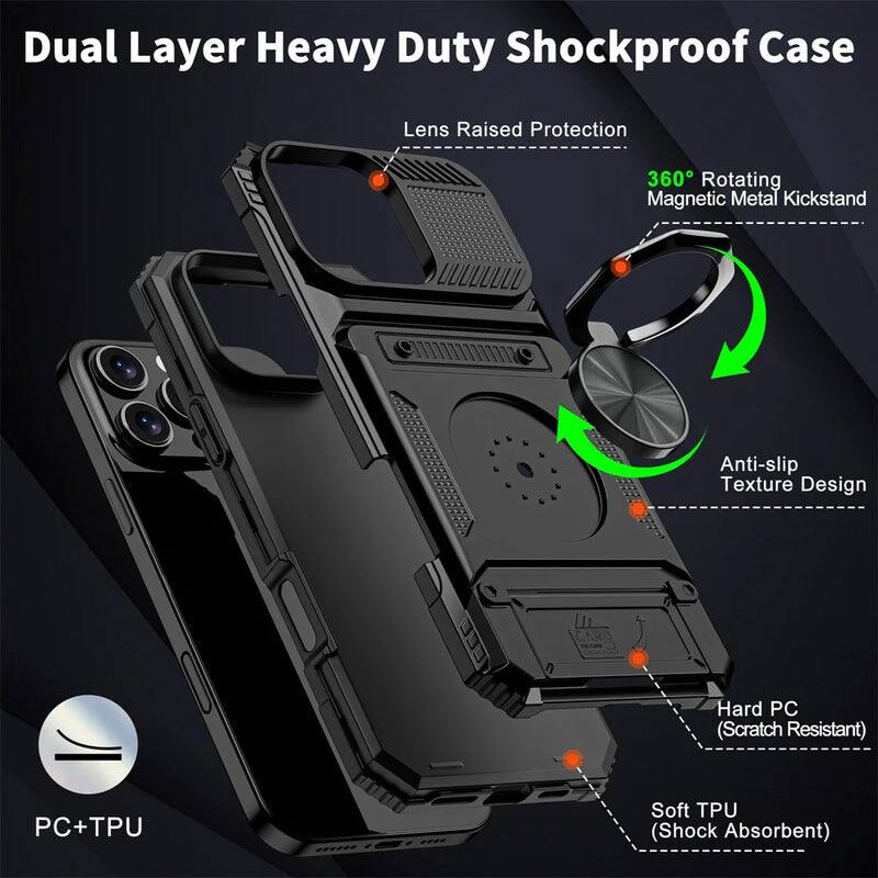 Dual Layer Heavy Duty Shockproof Case  
Lens Raised Protection  
360° Rotating Magnetic Metal Kickstand  
Anti-slip Texture Design  
Hard PC (Scratch Resistant)  
Soft TPU (Shock Absorbent)  
PC+TPU