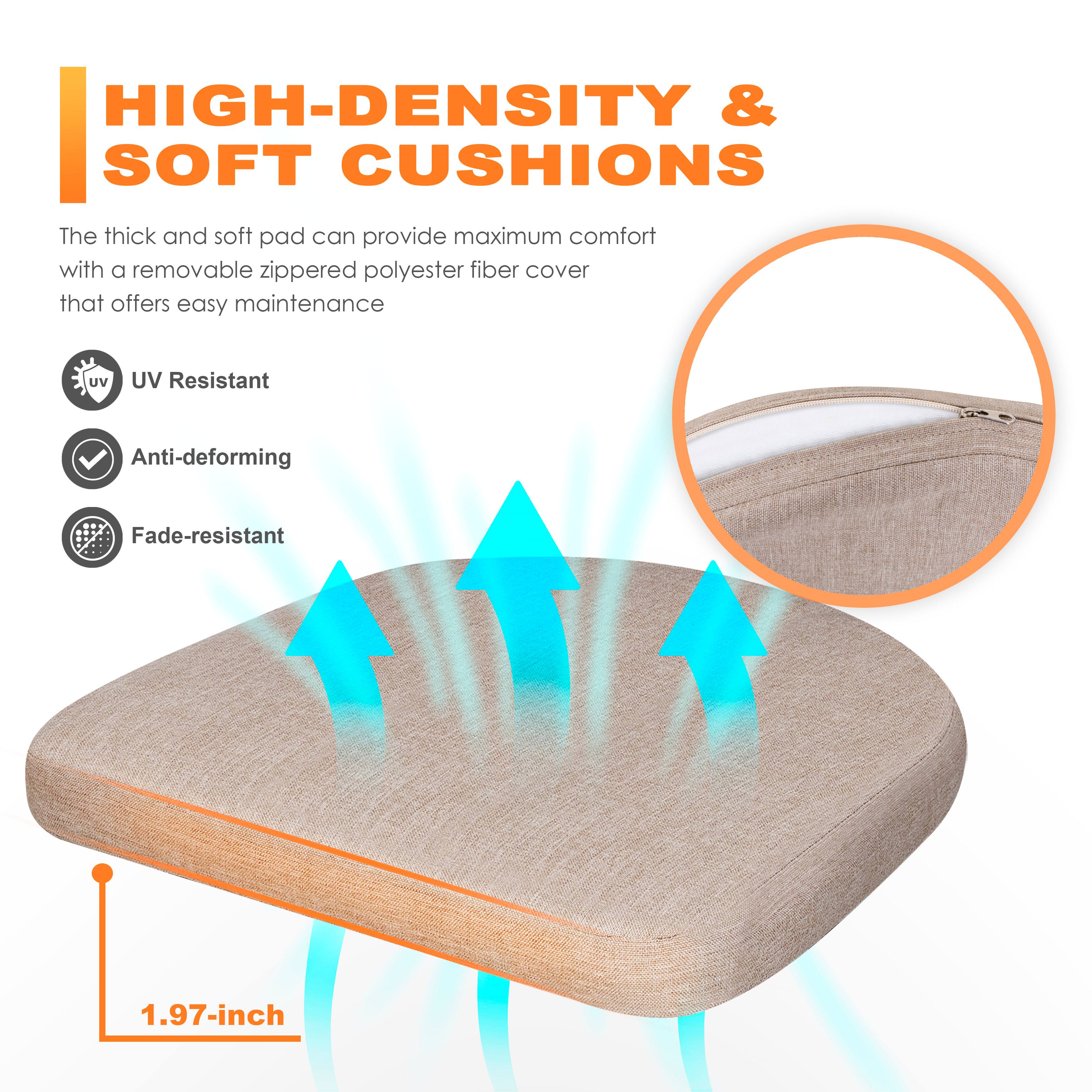 HIGH-DENSITY & SOFT CUSHIONS

The thick and soft pad can provide maximum comfort with a removable zippered polyester fiber cover that offers easy maintenance

- UV Resistant
- Anti-deforming
- Fade-resistant

1.97-inch