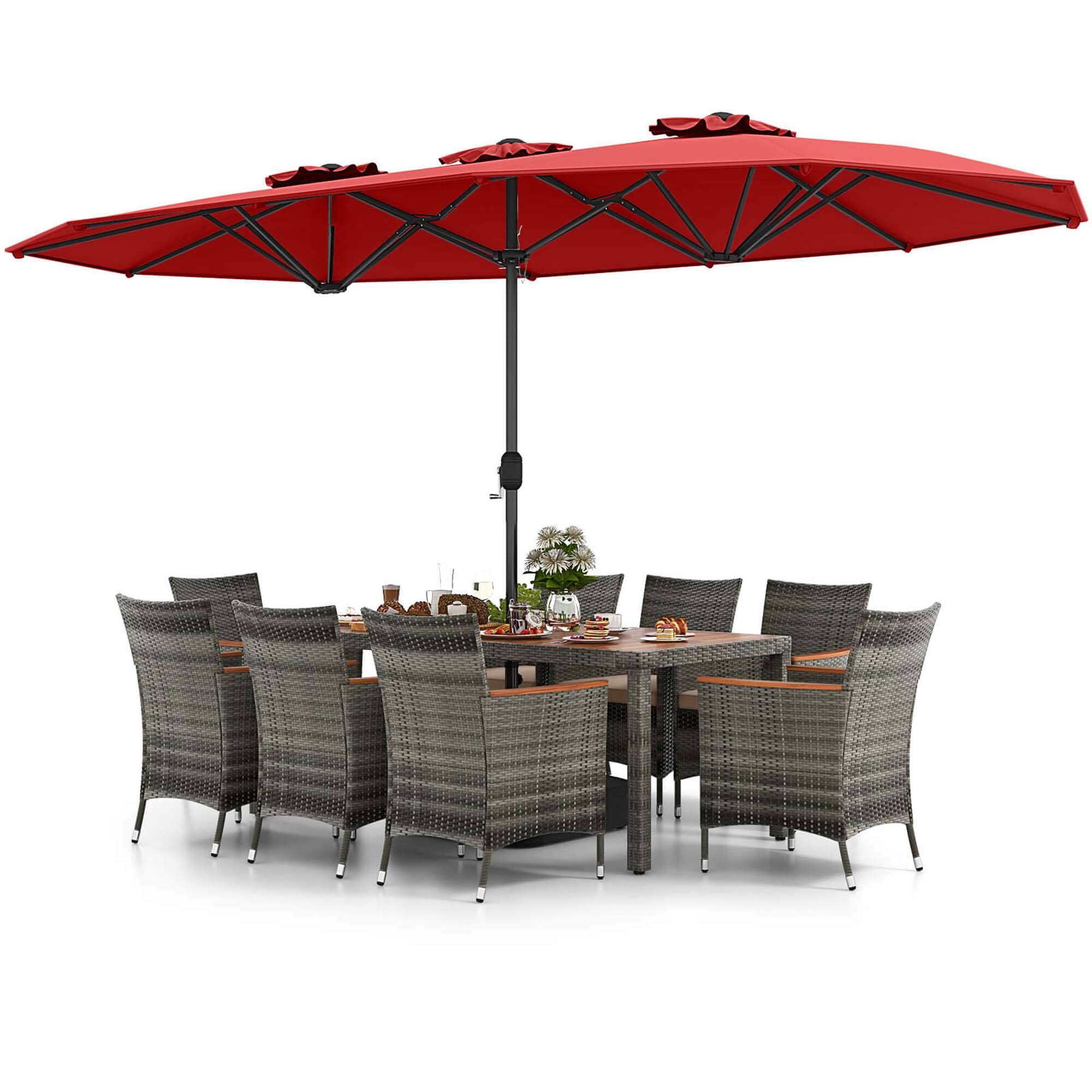 Alt View 8. Costway - 10 Pieces Patio Wicker Dining Set with Double-Sided Patio Umbrella 8 Armchairs - Red,Mix Brown.