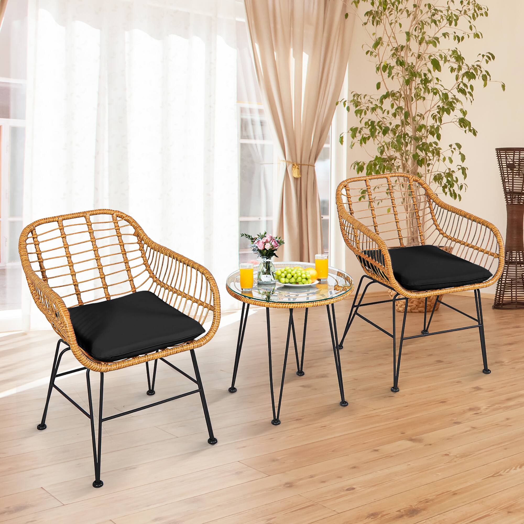 Alt View 4. Costway - Costway 3PCS Patio Rattan Bistro Furniture Set Cushioned Chair Table - Black.