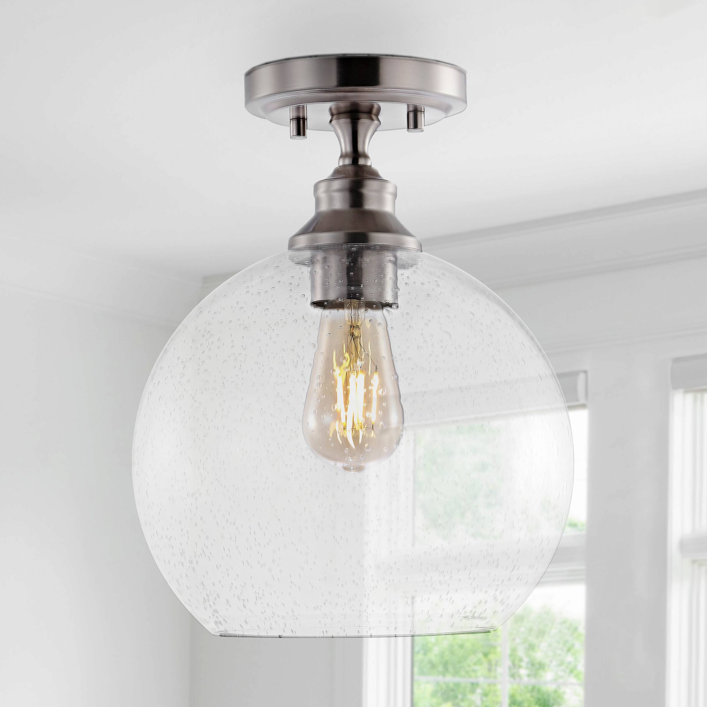 Alt View 1. Jonathan Y - Marla 9.75" 1-Light Bohemian Farmhouse Iron/Seeded Glass LED Semi Flush Mount, Nickel/Clear - Nickel.