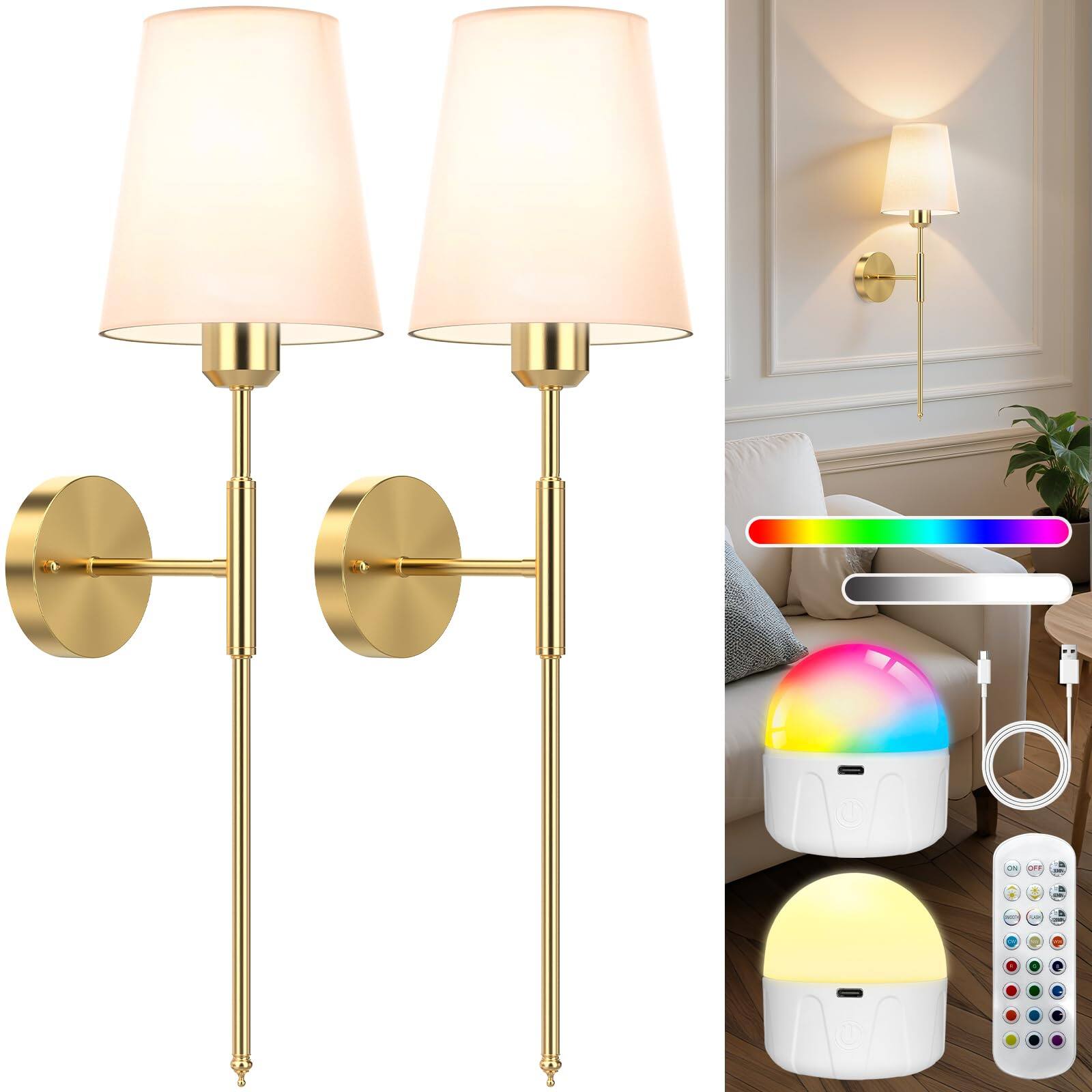 HM 1810 - Inch Operated Wall Sconces Set Of Wireless Lights With Rechargeable Bulbs Remote Colors Dimmable For Bedr - Glod 25.6in
