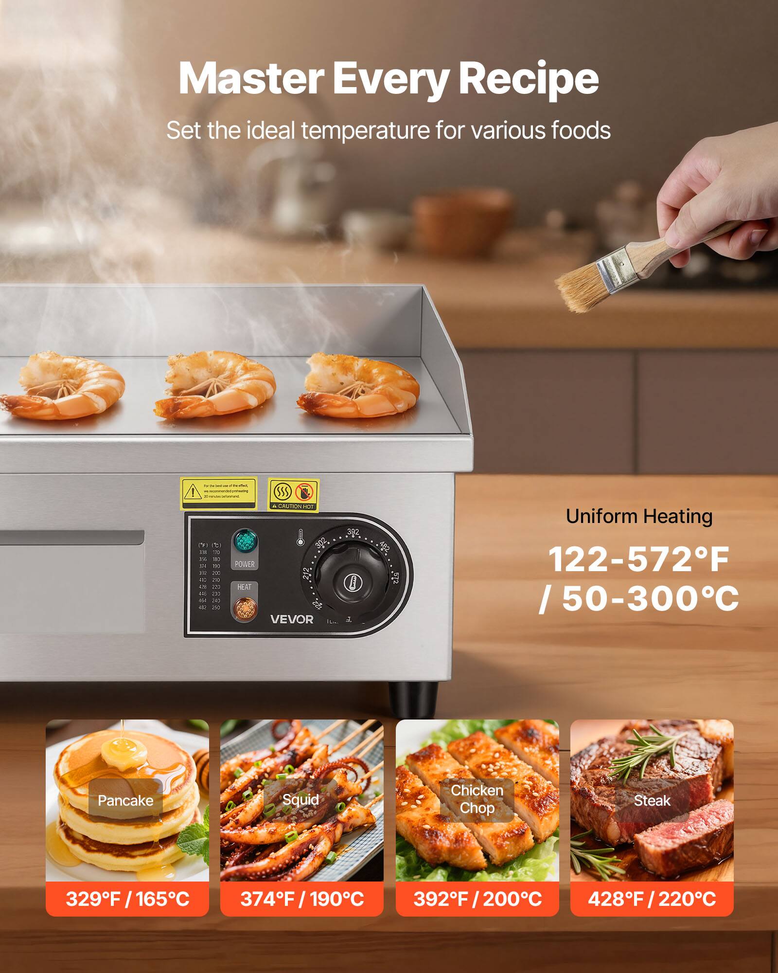 Master Every Recipe  
Set the ideal temperature for various foods

Uniform Heating  
122-572°F / 50-300°C

Pancake  
329°F / 165°C

Squid  
374°F / 190°C

Chicken Chop  
392°F / 200°C

Steak  
428°F / 220°C