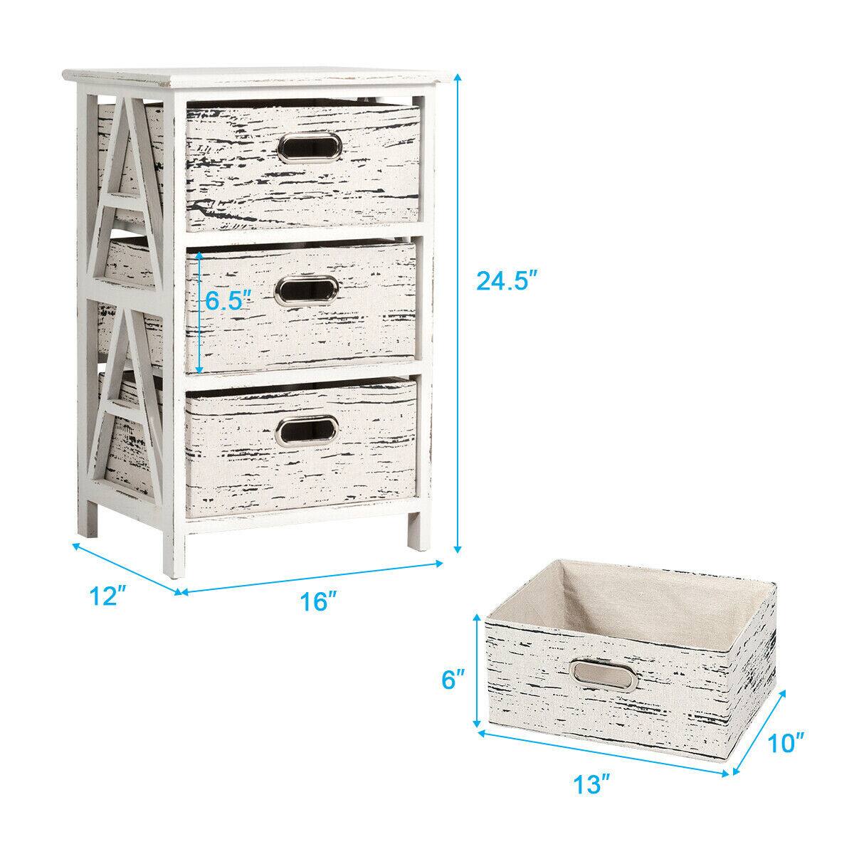 The dimensions of the storage unit are as follows:

- Height: 24.5"
- Width: 16"
- Depth: 12"
- Drawer height: 6.5"

The dimensions of the storage bin are:

- Height: 6"
- Width: 13"
- Depth: 10"