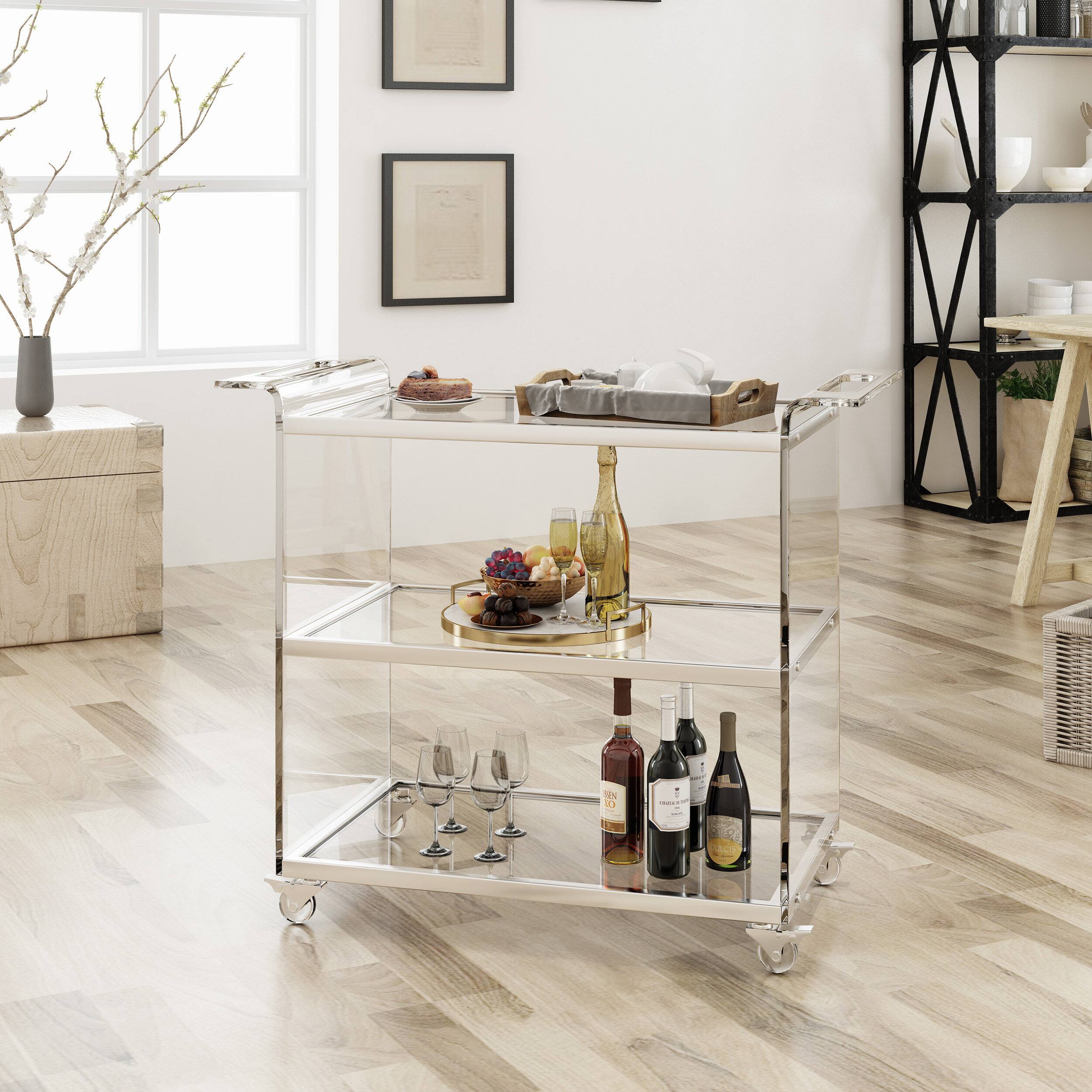 Angle. Spaco - Spaco Acrylic Bar Cart with Tempered Glass Shelves, Mobile Serving Cart and Rolling Wheels, for Home Entertainment - Clear.