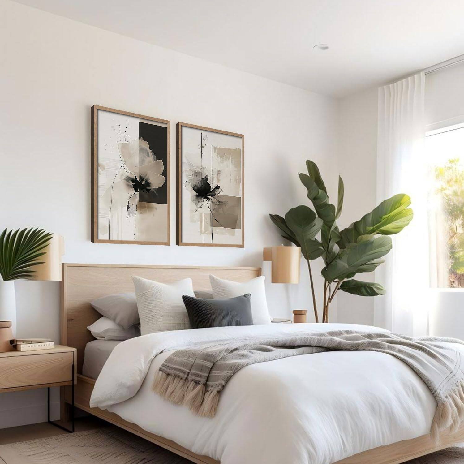 Left. Fabibe - Framed Black and White Flower Abstract Wall Art Modern Neutral Canvas Prints Posters Pictures Gallery Wall Decor Living - Blue 16"L x 12"W.