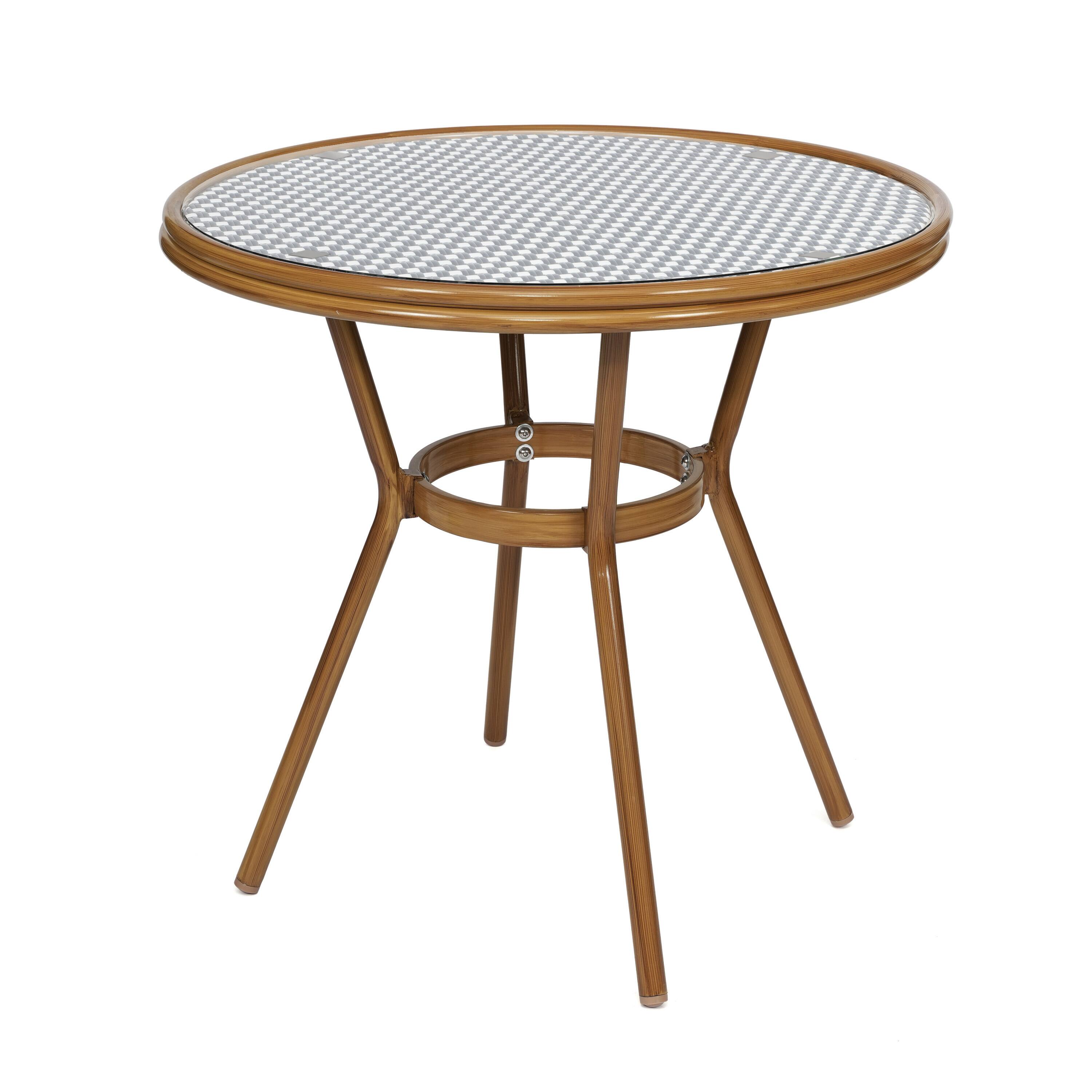 Alt View 7. Emma + Oliver - Soie Indoor/Outdoor Bistro Style 31.5 in. Table with PE Rattan, Glass Top, and Two Chairs - Metal Frame - Navy & White Rattan/Natural Frame.