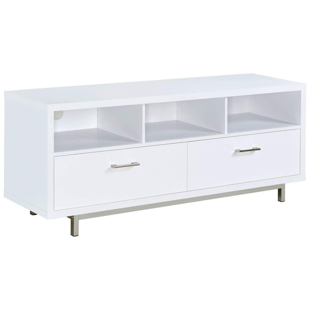 FurniFact - Modern White TV Stand 60 Inch, Engineered Wood, Two Drawers, Chrome Metal Base - Black