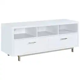 FurniFact - Modern White TV Stand 60 Inch, Engineered Wood, Two Drawers, Chrome Metal Base - Black