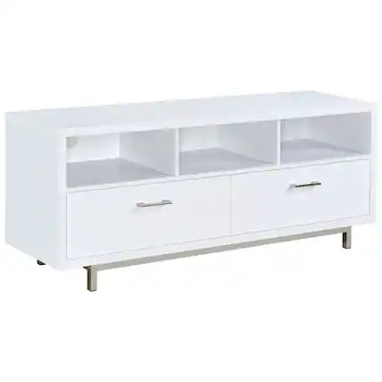 Front. FurniFact - Modern White TV Stand 60 Inch, Engineered Wood, Two Drawers, Chrome Metal Base. - Black.