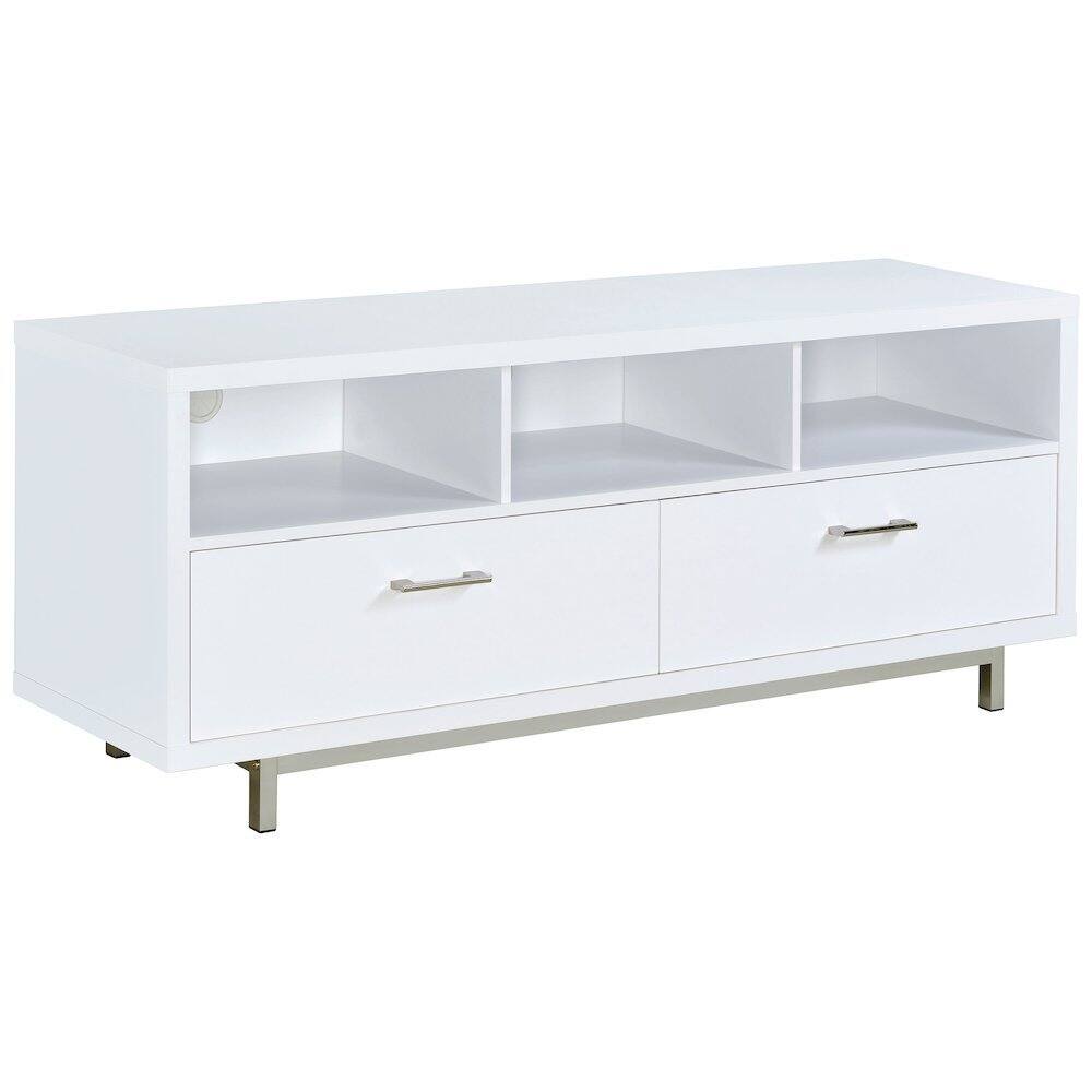 Front. FurniFact - Modern White TV Stand 60 Inch, Engineered Wood, Two Drawers, Chrome Metal Base. - Black.