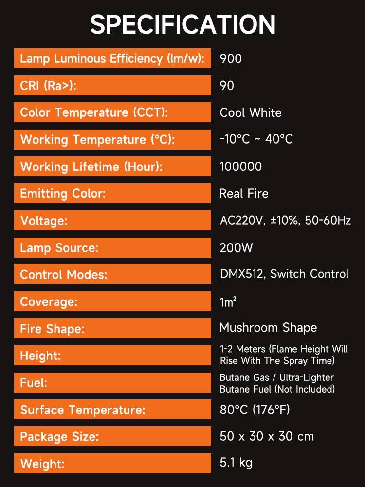 SPECIFICATION

- Lamp Luminous Efficiency (lm/w): 900
- CRI (Ra>): 90
- Color Temperature (CCT): Cool White
- Working Temperature (°C): -10°C ~ 40°C
- Working Lifetime (Hour): 100000
- Emitting Color: Real Fire
- Voltage: AC220V, ±10%, 50-60Hz
- Lamp Source: 200W
- Control Modes: DMX512, Switch Control
- Coverage: 1m²
- Fire Shape: Mushroom Shape
- Height: 1-2 Meters (Flame Height Will Rise With The Spray Time)
- Fuel: Butane Gas / Ultra-Lighter Butane Fuel (Not Included)
- Surface Temperature: 80°C (176°F)
- Package Size: 50 x 30 x 30 cm
- Weight: 5.1 kg