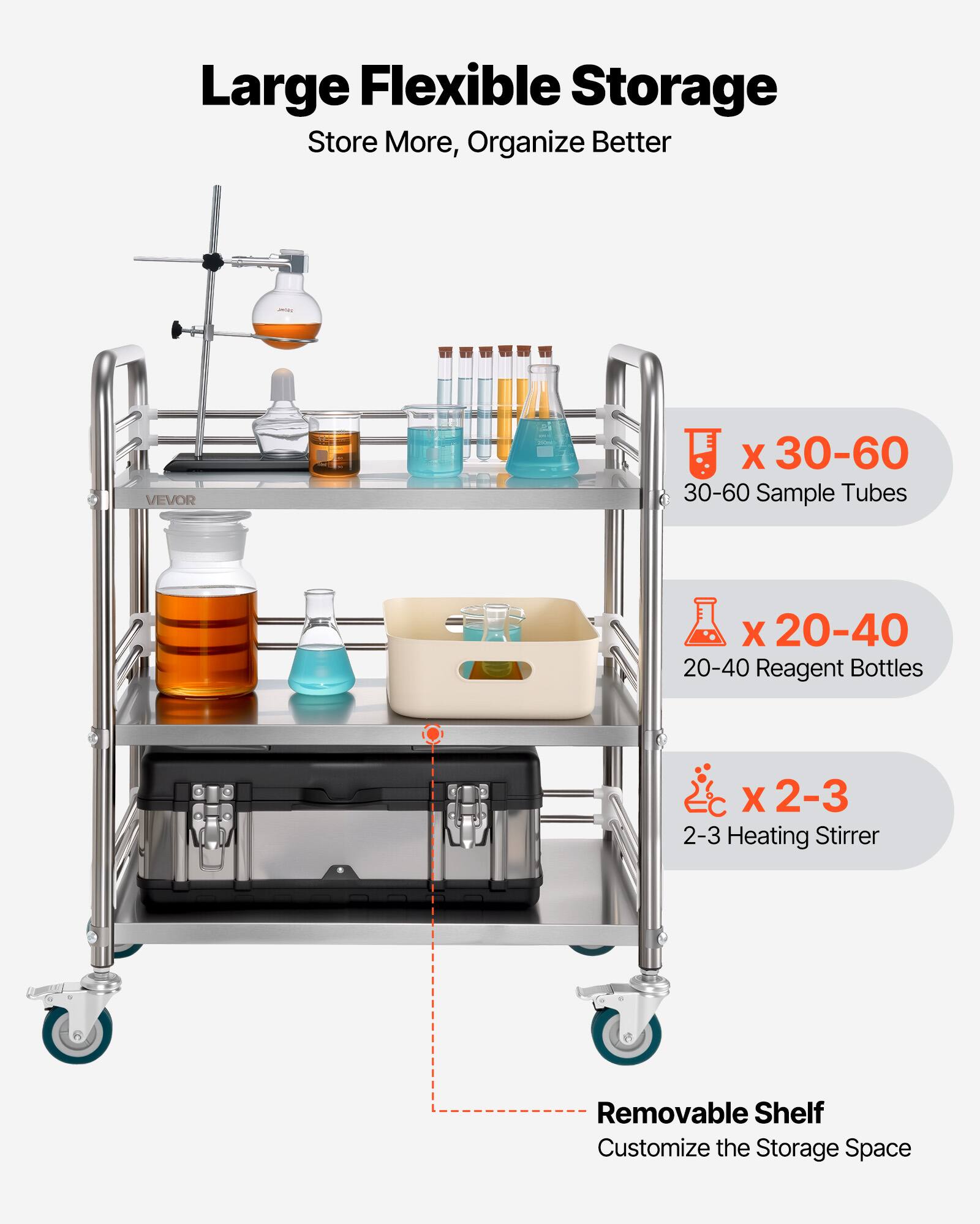 Large Flexible Storage  
Store More, Organize Better  

- 30-60 Sample Tubes  
- 20-40 Reagent Bottles  
- 2-3 Heating Stirrer  

Removable Shelf  
Customize the Storage Space