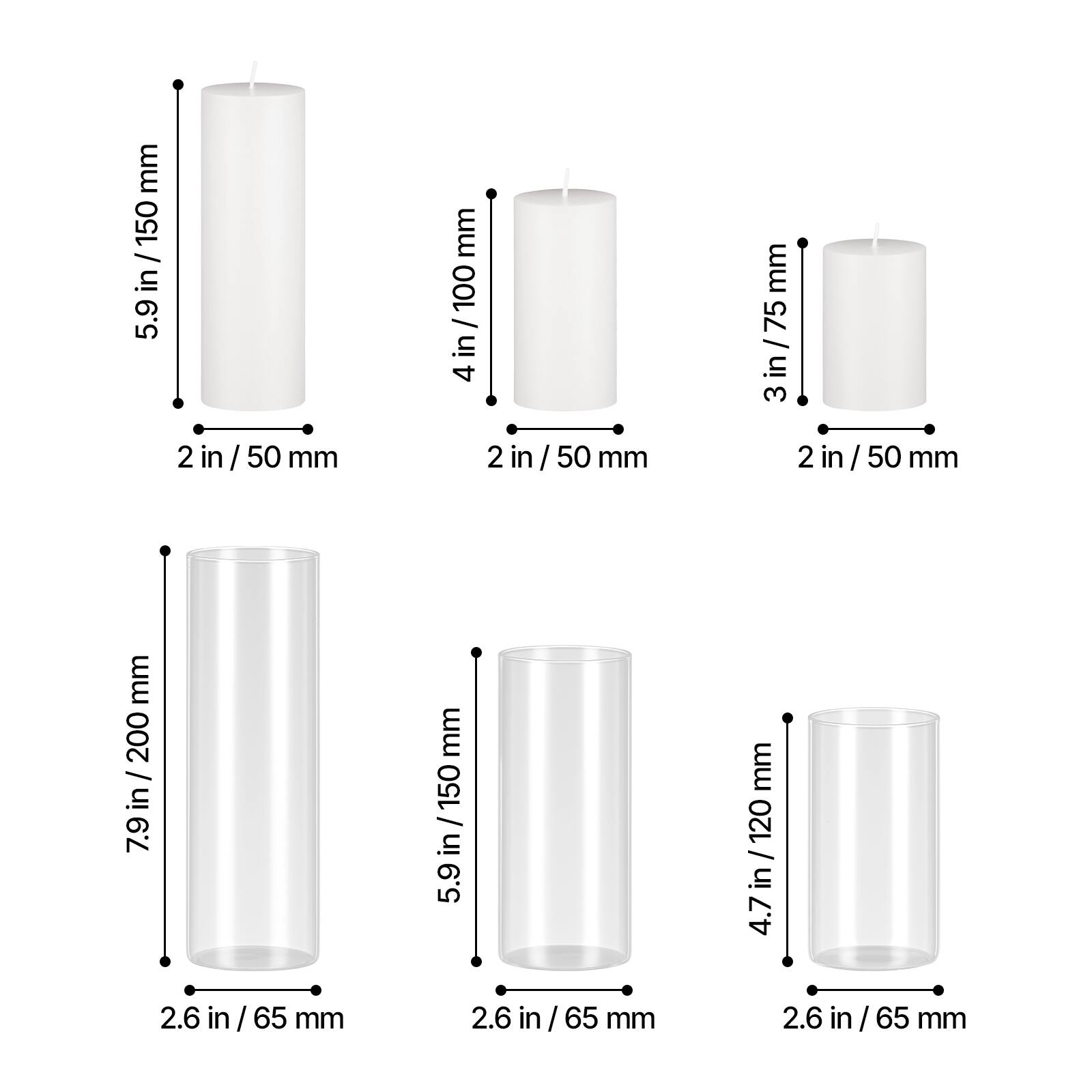- 5.9 in / 150 mm
- 4 in / 100 mm
- 3 in / 75 mm
- 2 in / 50 mm
- 7.9 in / 200 mm
- 5.9 in / 150 mm
- 4.7 in / 120 mm
- 2.6 in / 65 mm
- 2.6 in / 65 mm
- 2.6 in / 65 mm