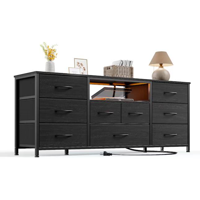 Left. Furnulem - Modern TV Stand with LED Lights Charging Station 9 Drawers Media Console for Living Room Bedroom - Black.