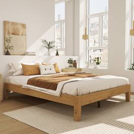 Bestier - Solid Wood Farmhouse Platform Bed Frame, No Box Spring Needed, 6.5" Under Bed Storage & Quiet Design - Caramel