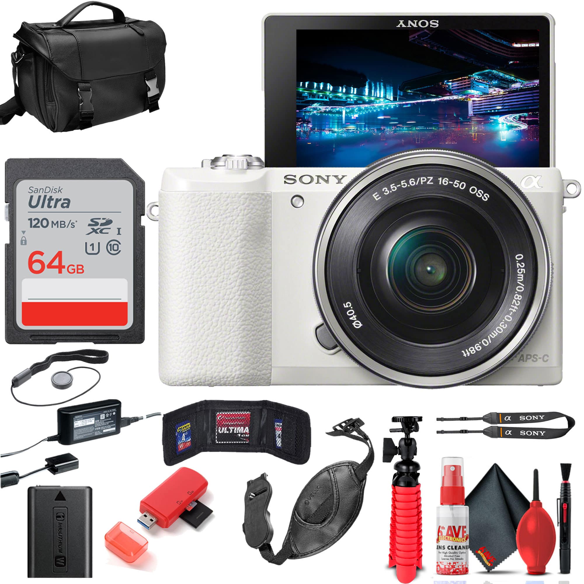 Sony - Alpha a5100 Mirrorless Camera (White) w 16-50mm Lens + 64GB Card + More w essential (International Version)