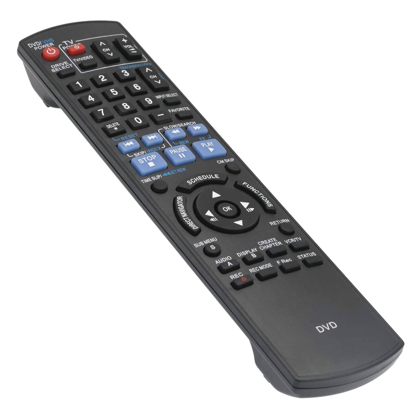 Sure, here is the corrected and grouped text from the image:

**Top Section:**
- DVD/TV
- POWER
- DRIVE SELECT
- TV/VIDEO
- TV/VIDEO
- TRACK/CH
- INPUT SELECT
- 1 2 3 4 5 6 7 8 9 0
- FAVORITE
- DELETE
- RESET
- SLOW/SEARCH
- PLAY
- CM SKIP
- REW
- PAUSE
- STOP
- SKIP INDEX
- TIME SKIP
- SCHEDULE
- NAVIGATOR

**Middle Section:**
- OK
- RETURN
- MENU
- SUB MENU
- CREATE
- VCR/TV
- DISPLAY
- AUDIO A
- REC MODE
- F Rec
- STATUS

**Bottom Section:**
- DVD