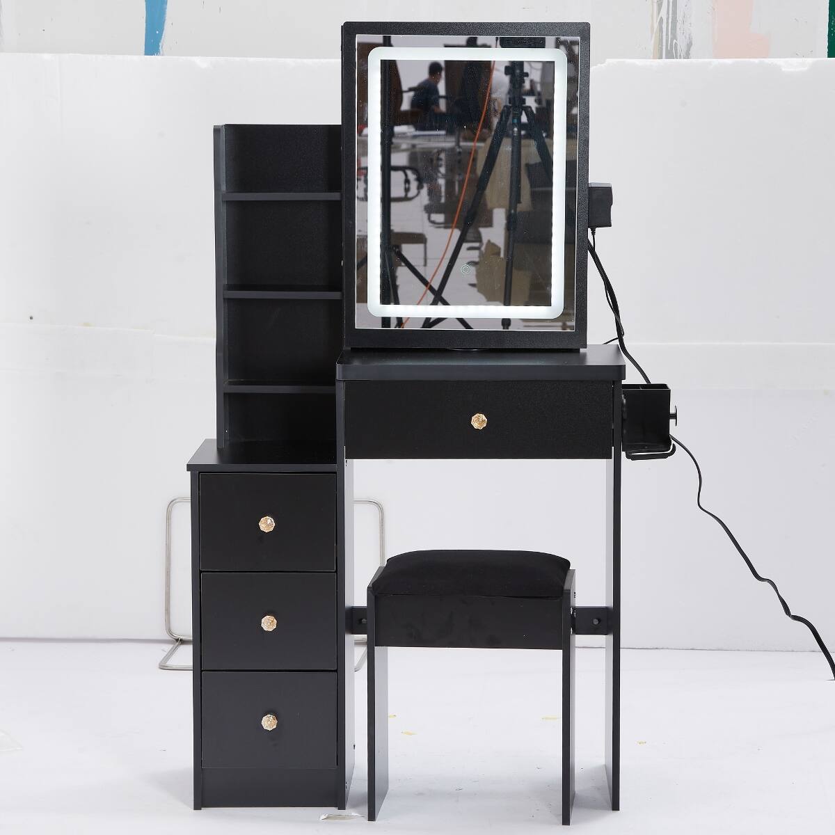 Alt View 6. Loheer - Loheer Small Space Makeup Vanity Set with LED Mirror and Padded Stool, Black - Black.