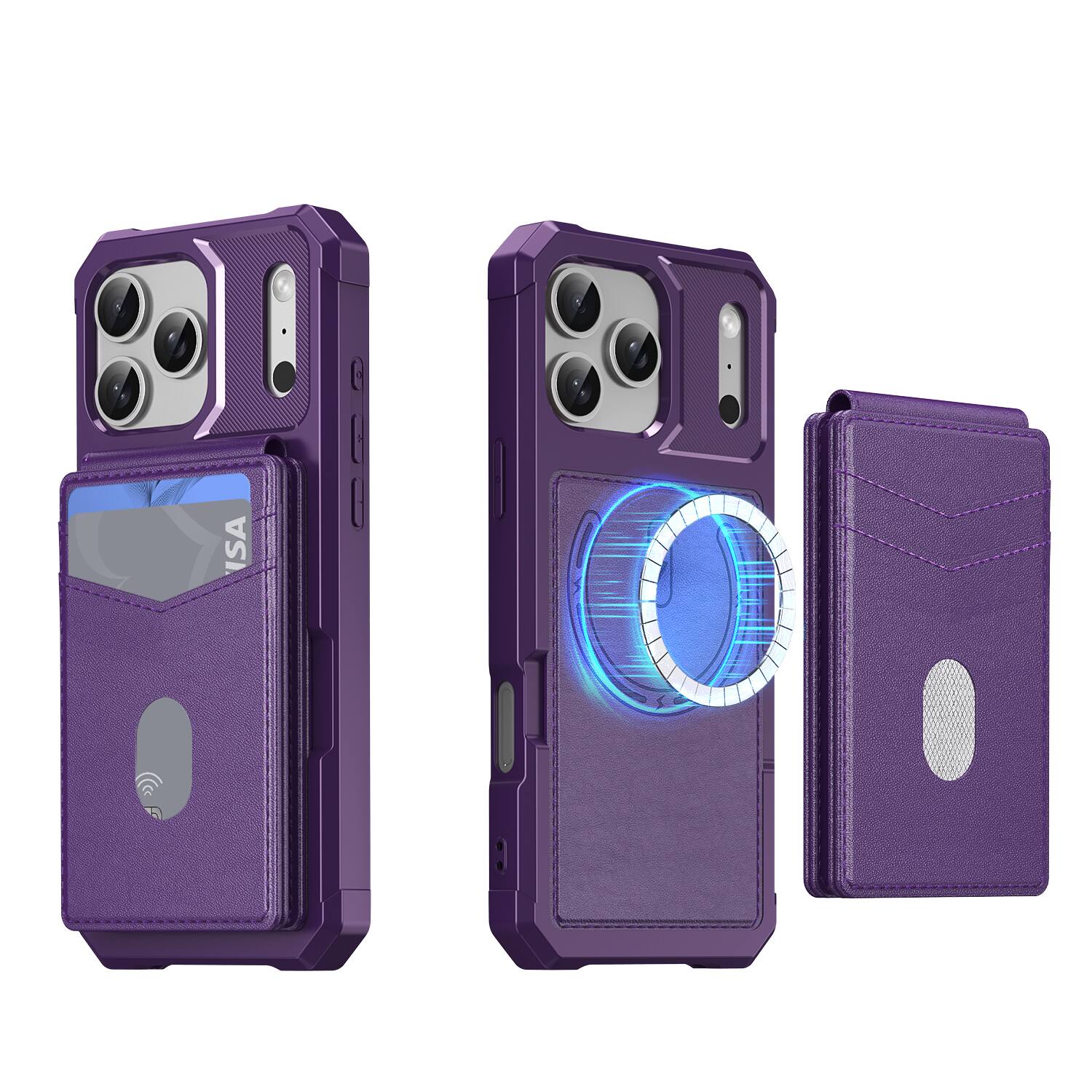 Angle. Dteck - For Apple iPhone 17 Pro 2-in-1 Magnetic Leather Flip Stand Wallet Case RFID Blocking Detachable Card Holder - Purple.