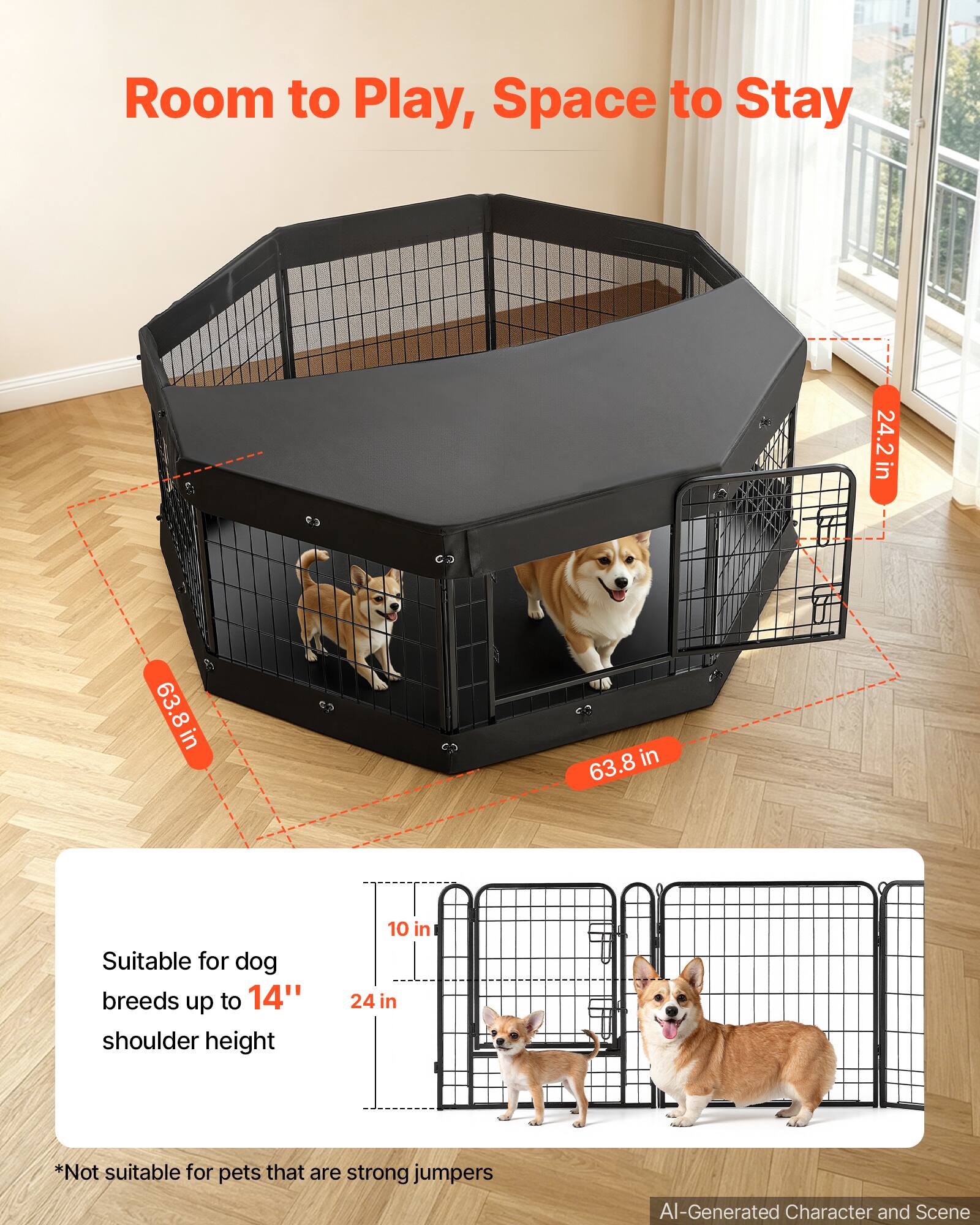 Room to Play, Space to Stay

24.2 in  
63.8 in  
63.8 in

Suitable for dog breeds up to 14" shoulder height

10 in  
24 in

*Not suitable for pets that are strong jumpers

AI-Generated Character and Scene