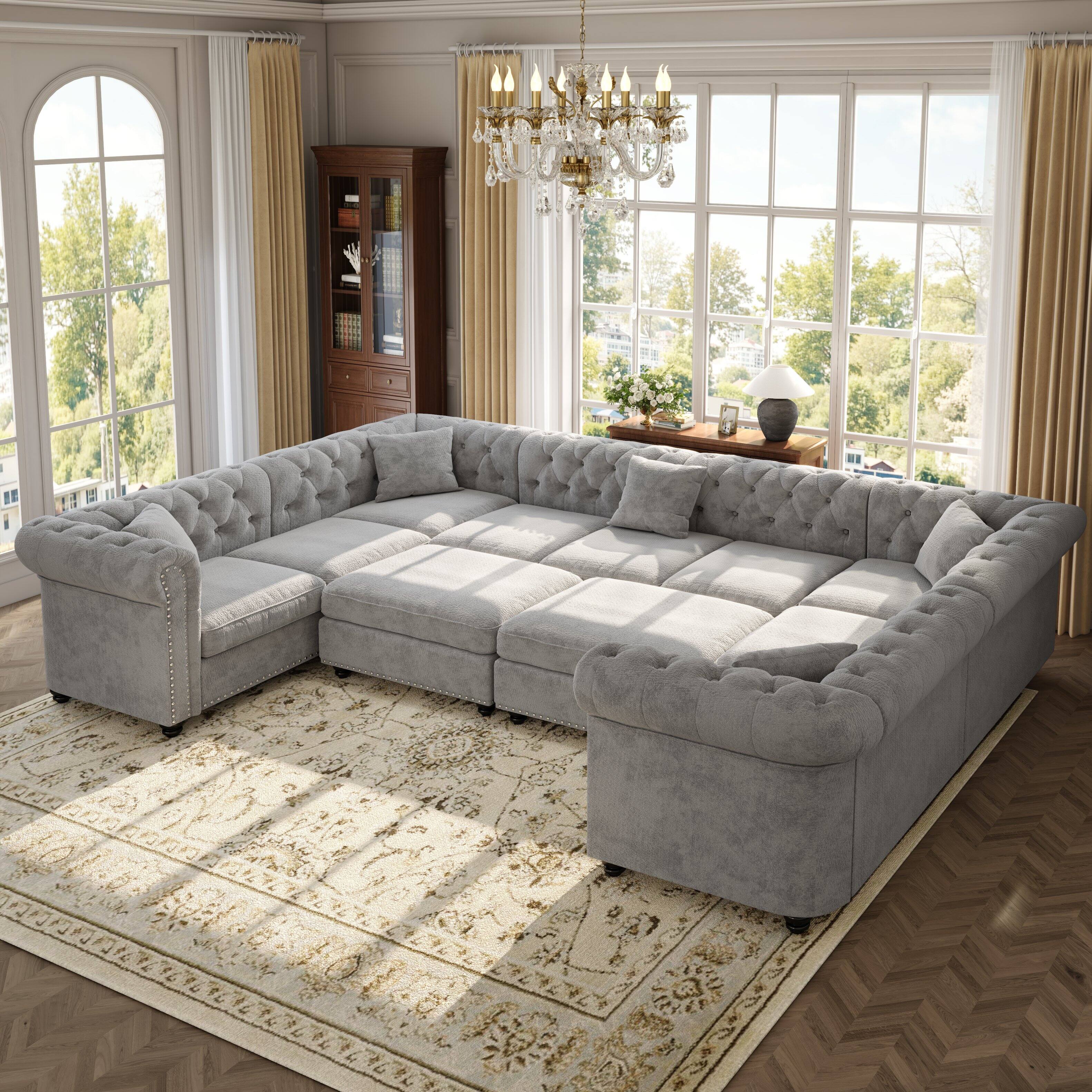 Angle. Anysun - 134" U-Shaped Chenille Chesterfield Tufted Deep Seat Sectional Sofa with Rolled Arms & Nailhead Trim, 2 Storage Ottomans - Light Grey.