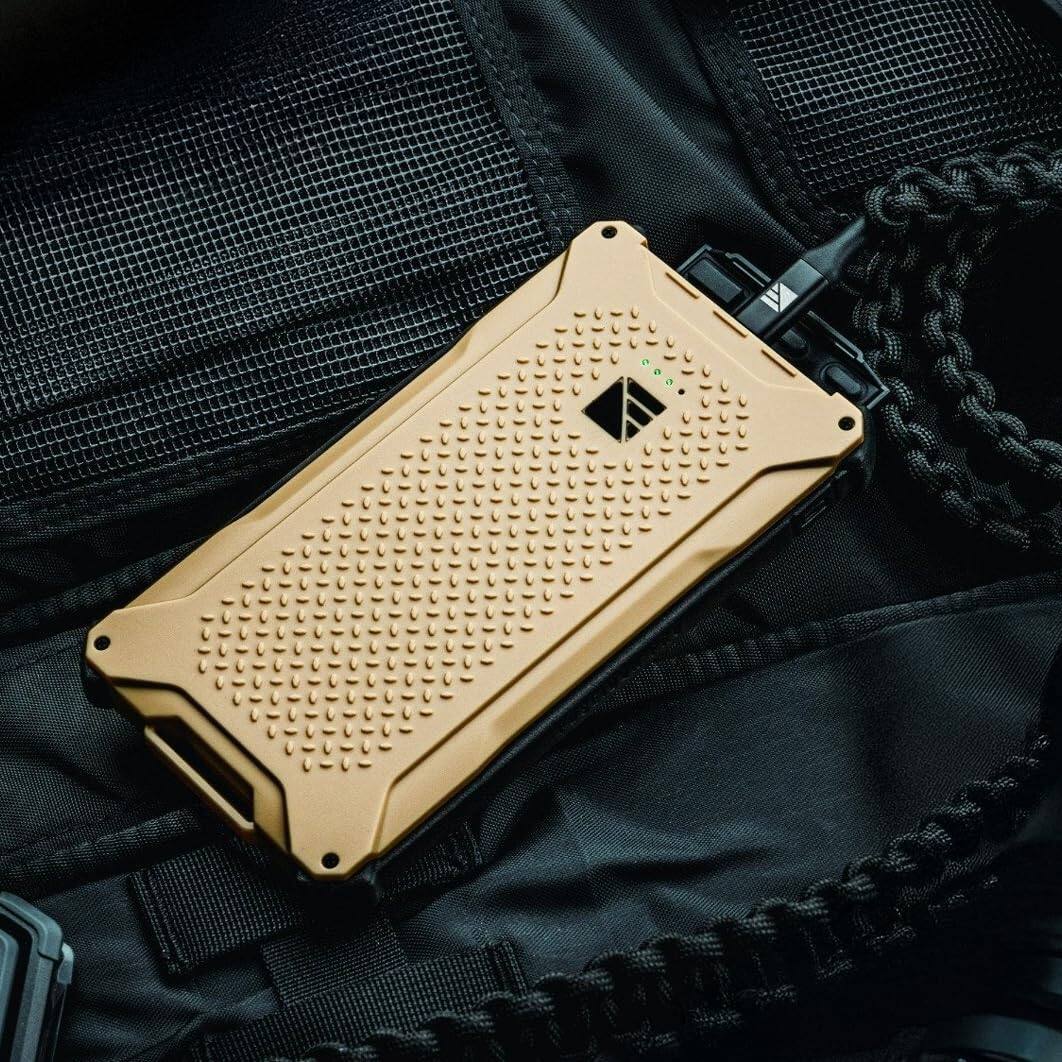 Angle. Dark Energy - Poseidon Pro Indestructible Portable Charger with 10,000 mAh | Fast Charging USB-C Ports with Ultra-Durable Armor Flex - Desert Tan.