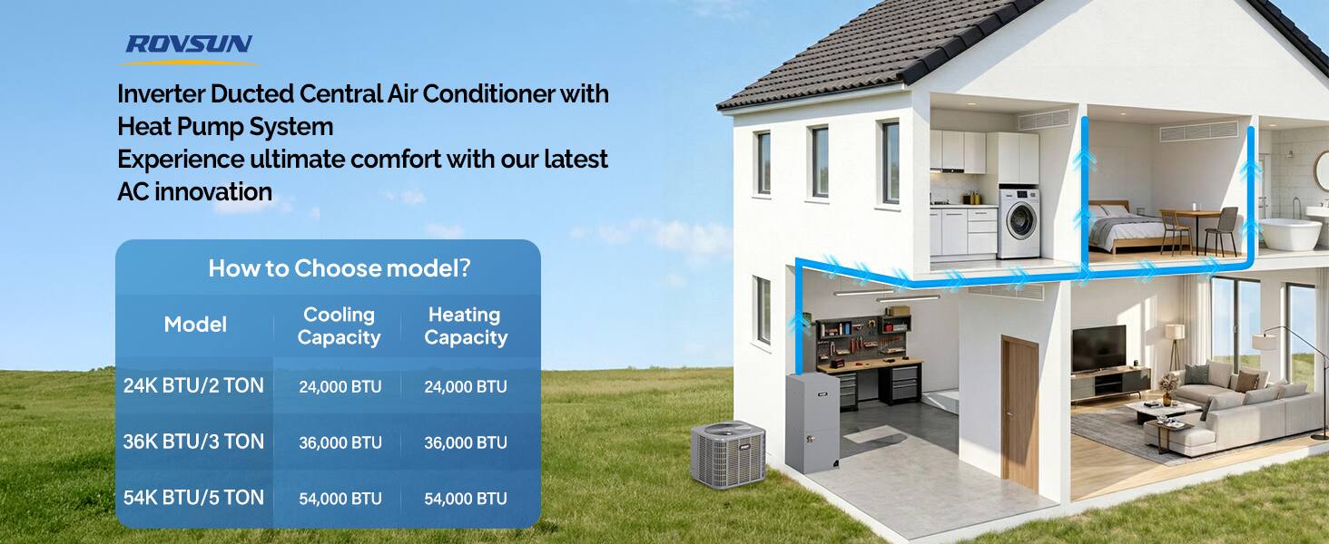 ROVSUN  
Inverter Ducted Central Air Conditioner with Heat Pump System  
Experience ultimate comfort with our latest AC innovation  

How to Choose model?  

| Model       | Cooling Capacity | Heating Capacity |
|-------------|-----------------|-----------------|
| 24K BTU/2 TON | 24,000 BTU      | 24,000 BTU      |
| 36K BTU/3 TON | 36,000 BTU      | 36,000 BTU      |
| 54K BTU/5 TON | 54,000 BTU      | 54,000 BTU      |