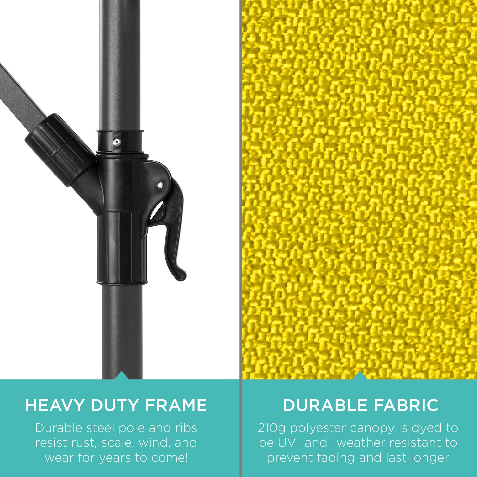 **HEAVY DUTY FRAME**  
Durable steel pole and ribs resist rust, scale, wind, and wear for years to come!

**DURABLE FABRIC**  
210g polyester canopy is dyed to be UV- and weather resistant to prevent fading and last longer
