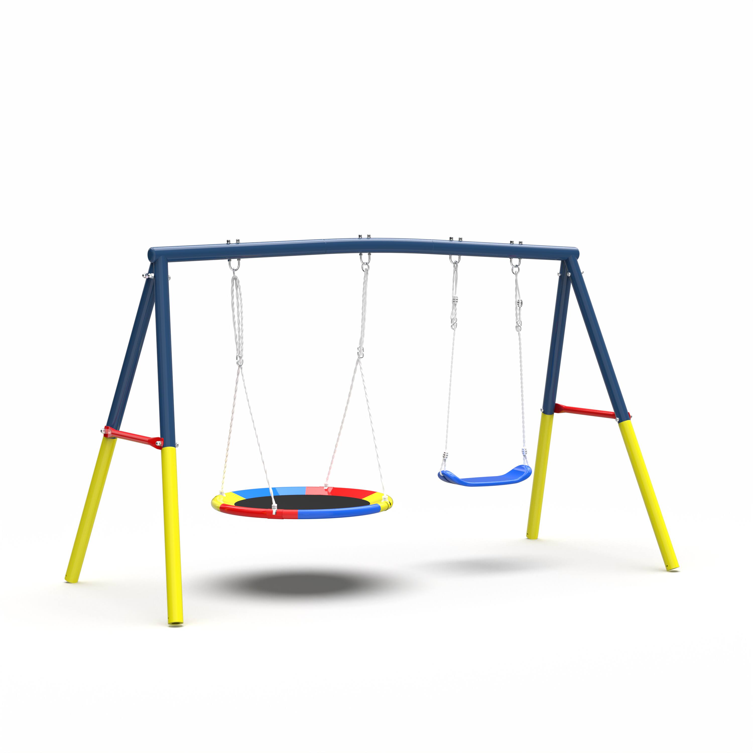 Alt View 2. Siljoy - Double Swing Set, 330lb Capacity, Saucer & Belt Seats, A‑Frame Metal Stand, ASTM Certified, for Backyard - Blue.
