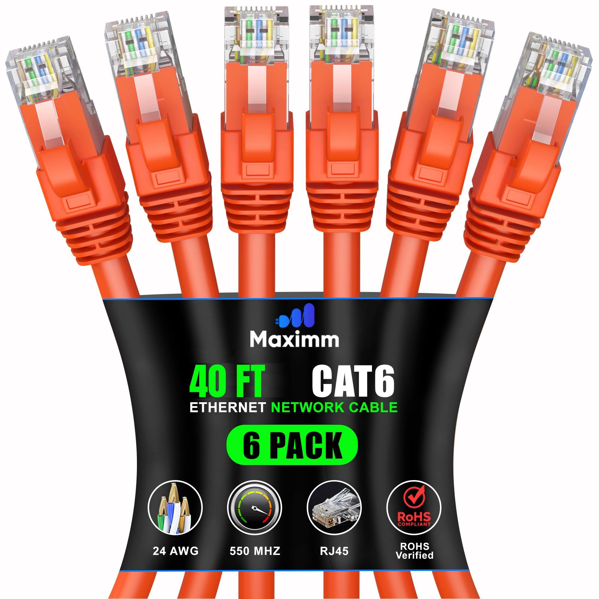 Maxim 40 FT CAT6 Ethernet Network Cable 6 Pack  
RoHS Compliant  
24 AWG  
550 MHz  
RJ45  
RoHS Verified