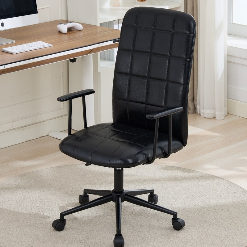 HTUTWOO - Antique Brown PU Leather High Back Office Chair, 360° Swivel Adjustable Desk Chair with Armrests for Home Office Study - Black