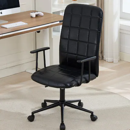 Front. HTUTWOO - Antique Brown PU Leather High Back Office Chair, 360° Swivel Adjustable Desk Chair with Armrests for Home Office Study - Black.