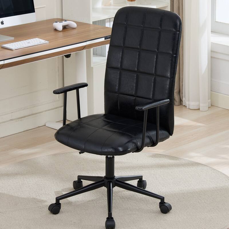 Front. HTUTWOO - Antique Brown PU Leather High Back Office Chair, 360° Swivel Adjustable Desk Chair with Armrests for Home Office Study - Black.