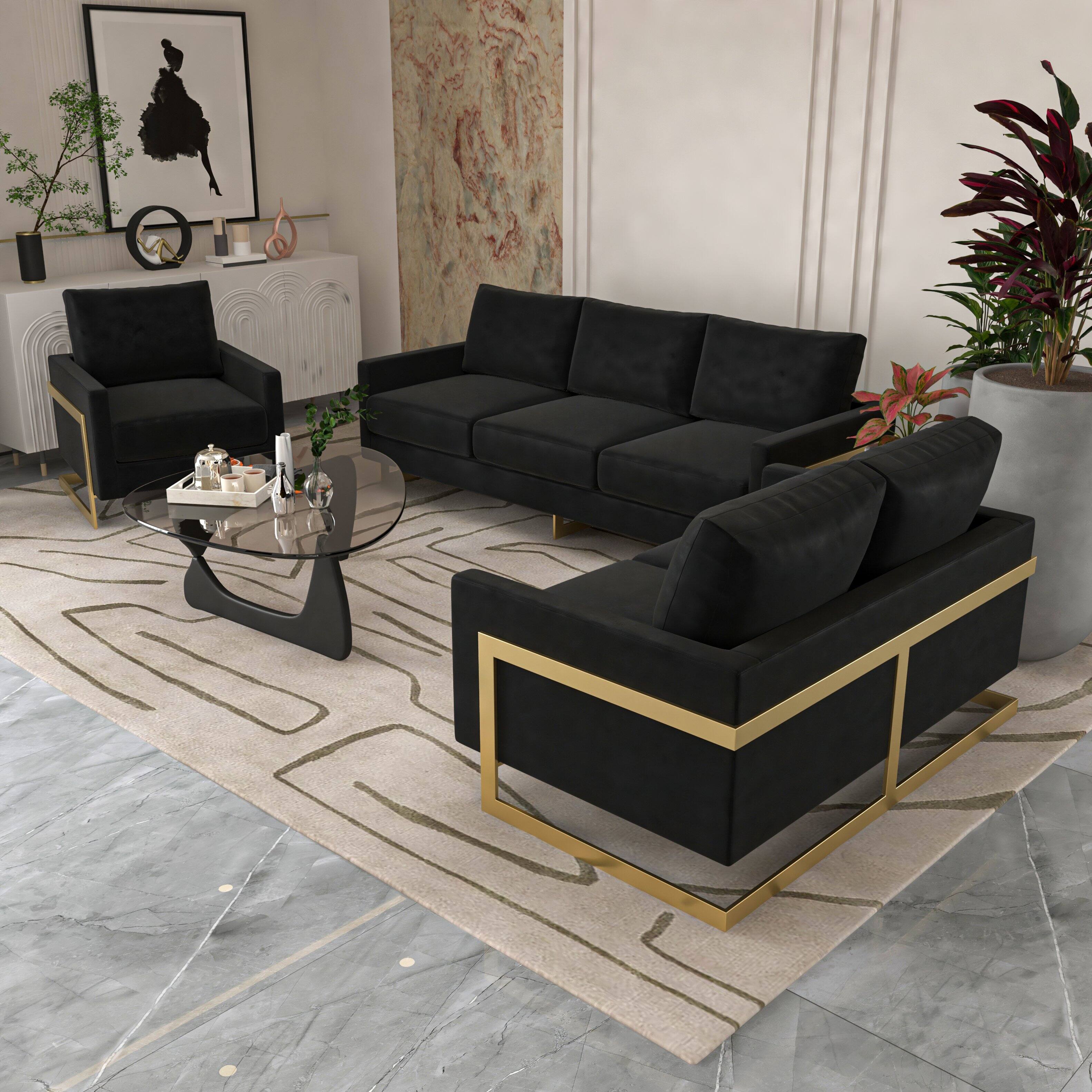 Back. LeisureMod - Lincold Modern Velvet Accent Chair, Gold Stainless Steel Sled Base Upholstered Armchair - Fully Assembled - Midnight Black.