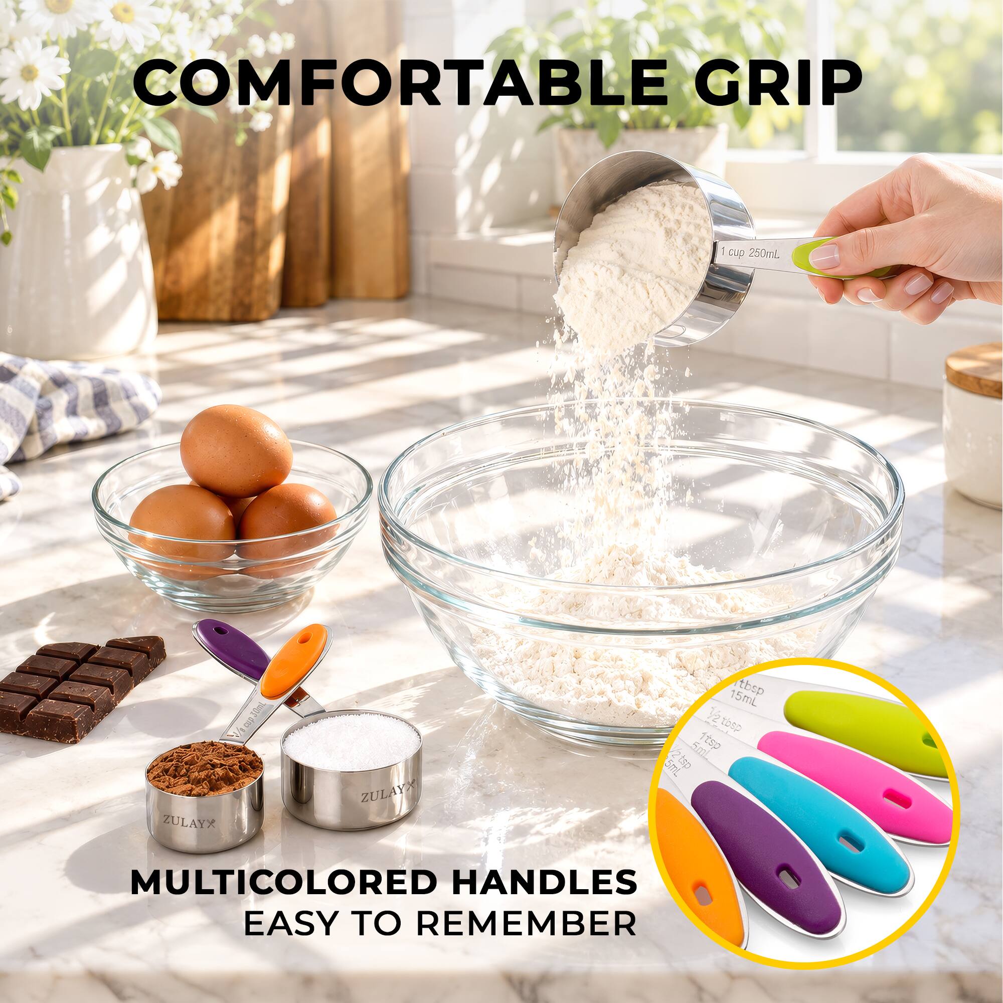 COMFORTABLE GRIP

cup 250mL

ZULAYX

50mL cup

ZULAYX

15mL tbsp  tbsp 5mL 1tsp 5mL /2tap

MULTICOLORED HANDLES EASY TO REMEMBER