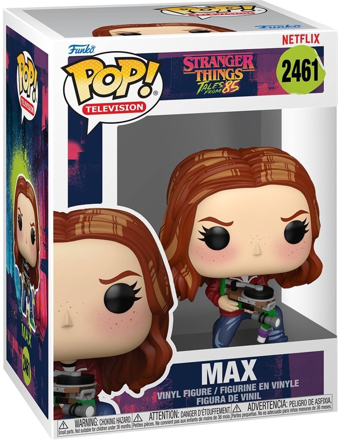 Funko POP! TELEVISION  
NETFLIX  
STRANGER THINGS TALES FROM 85  
2461  

MAX  
VINYL FIGURE / FIGURINE EN VINYLE / FIGURA DE VINIL  

WARNING: CHOKING HAZARD. Small parts. Not suitable for children under 36 months.  
ATTENTION: DANGER D'ÉTOUFFEMENT. Petites pièces. Ne convient pas aux enfants de moins de 36 mois.  
ADVERTENCIA: PELIGRO DE ASFIXIA. Partes pequeñas. No es adecuado para niños menores de 36 meses.