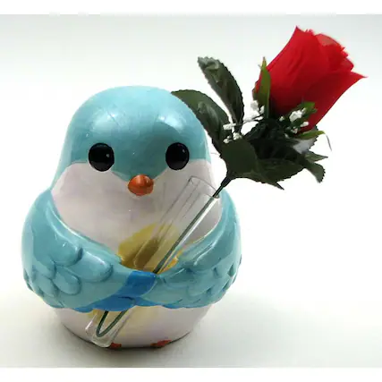 Front. BreeBe - Bird Bud Vase Buddy - Blue, White.